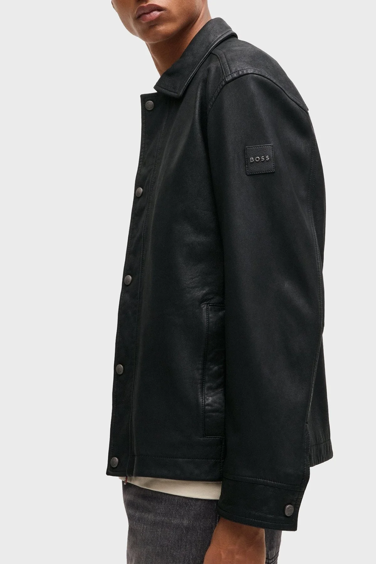 Boss Logolu Regular Fit Hakiki Deri Erkek Ceket 50522241 001 SİYAH - 5