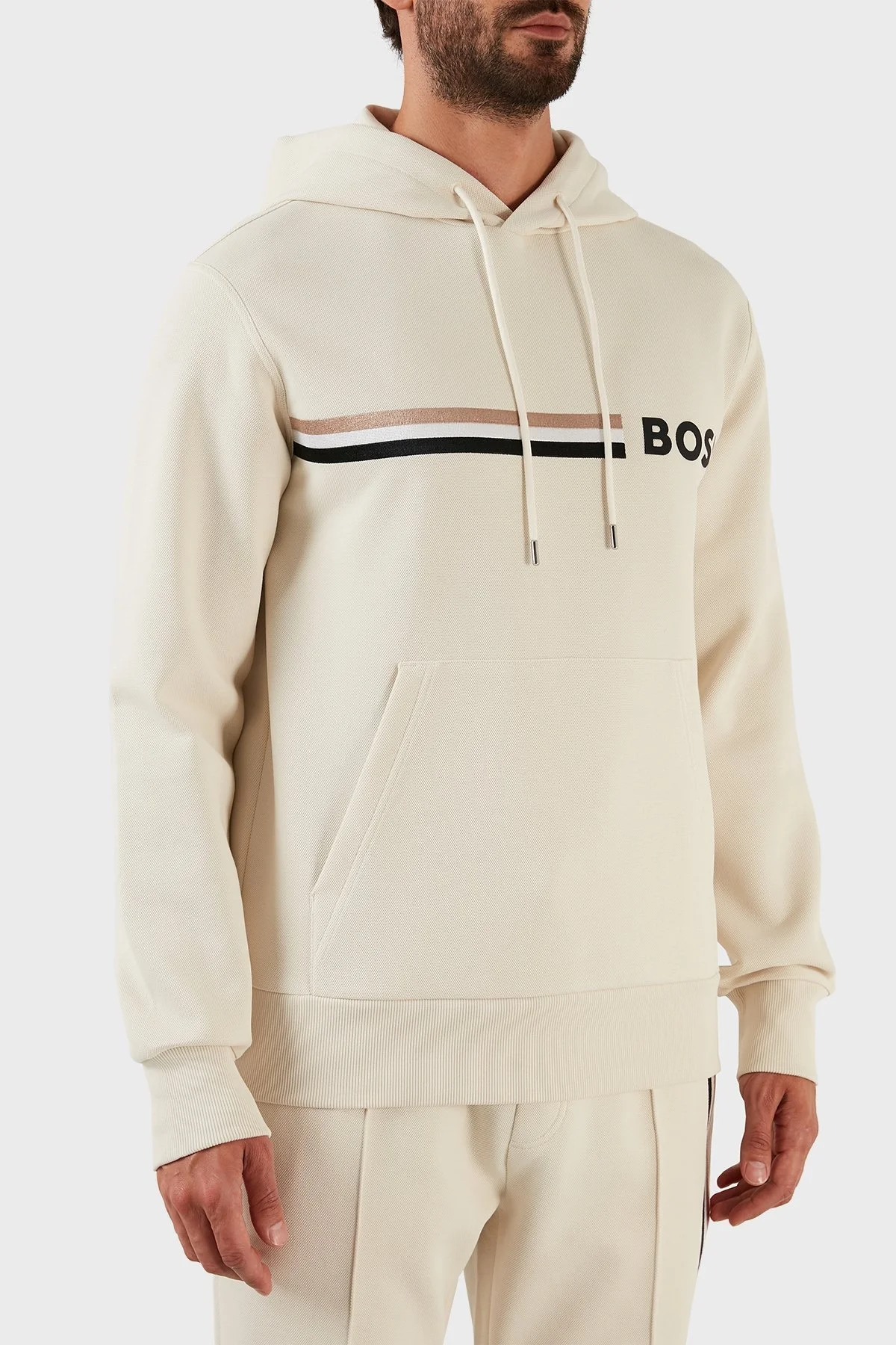 Boss Logolu Regular Fit Kapüşonlu Kanguru Cepli Pamuklu Erkek Sweat 50473049 131 BEJ - 4
