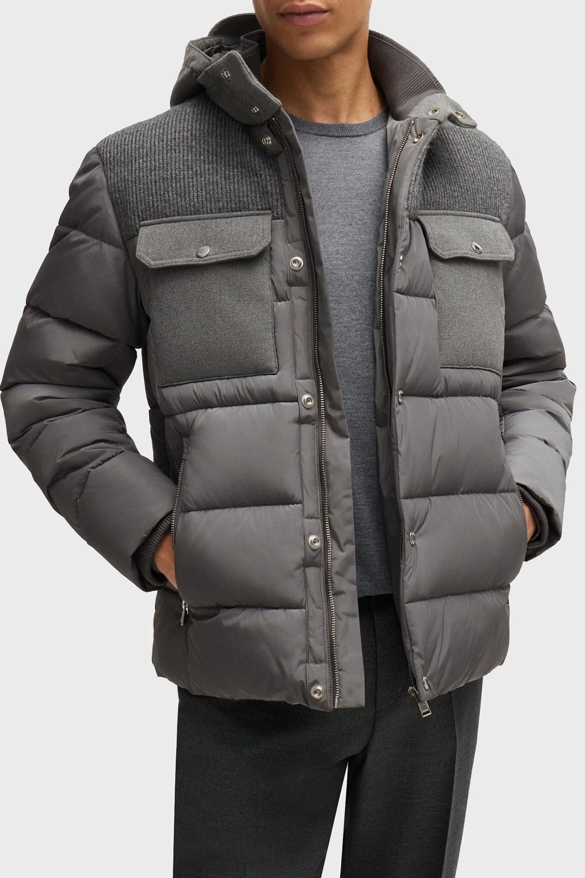 Boss Logolu Regular Fit Su İtici Çıkarılabilir Kapüşonlu Erkek Mont 50524358 030 GRİ - 1