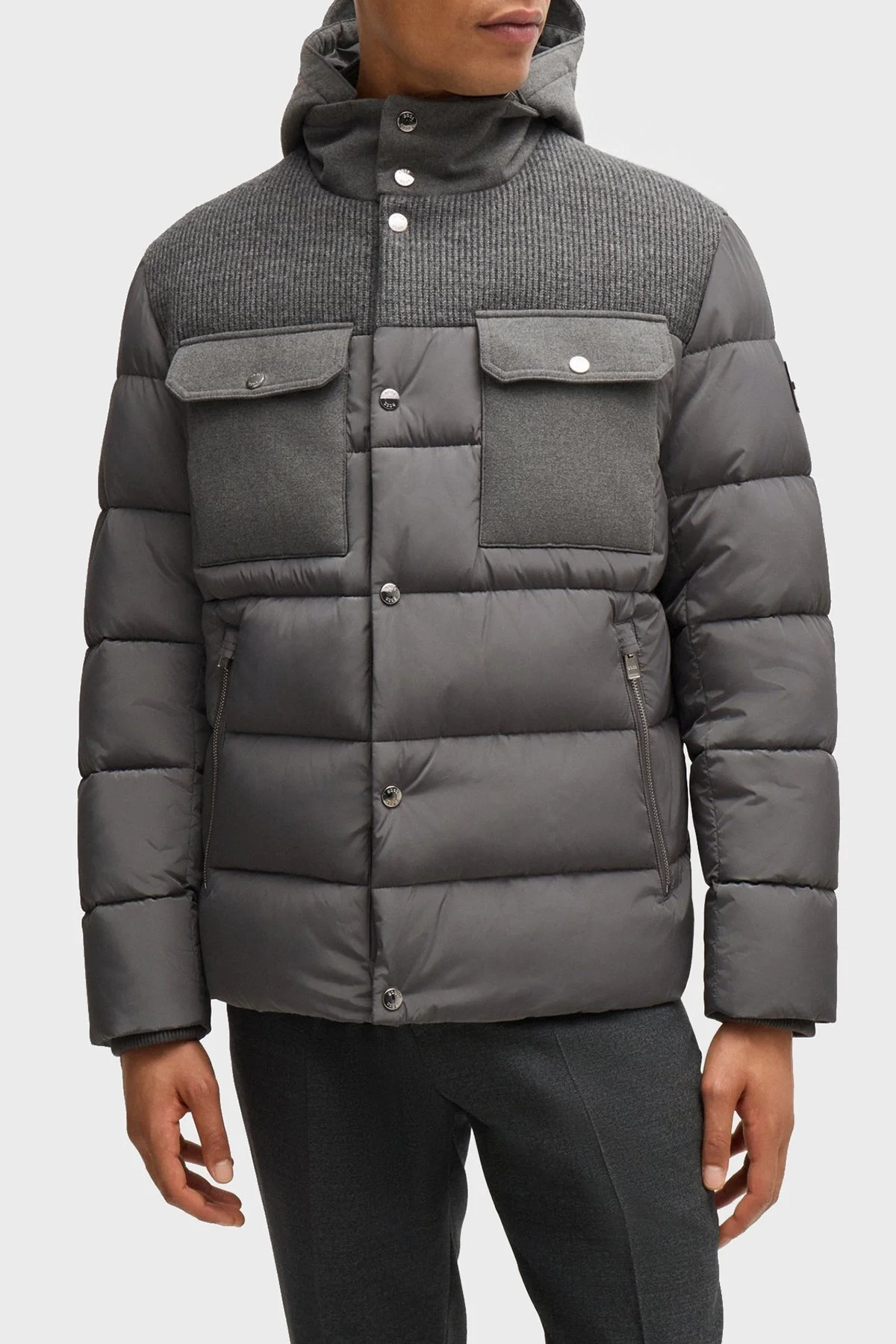 Boss Logolu Regular Fit Su İtici Çıkarılabilir Kapüşonlu Erkek Mont 50524358 030 GRİ - 4