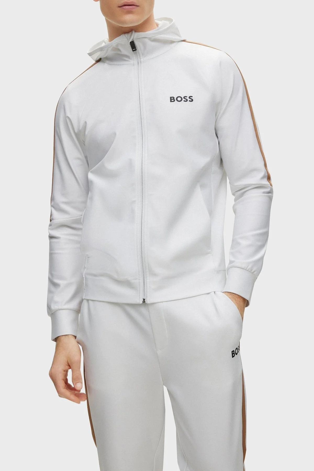 Boss Logolu Streç Jarseden Fermuarlı Kapüşonlu Regular Fit Erkek Sweat 50490646 100 BEYAZ - 1