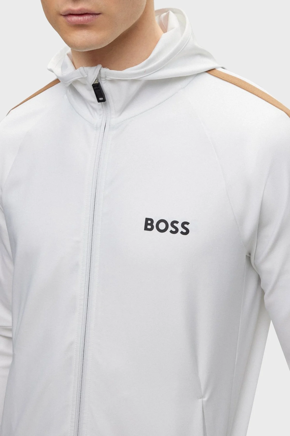 Boss Logolu Streç Jarseden Fermuarlı Kapüşonlu Regular Fit Erkek Sweat 50490646 100 BEYAZ - 4