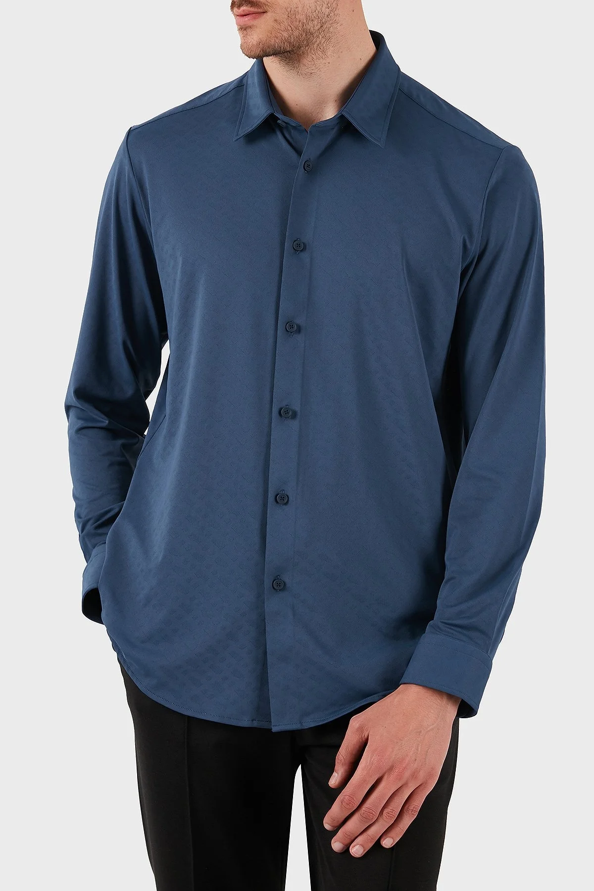 Boss Logolu Streç Reagular Fit Düz Yaka Erkek Gömlek 50533570 425 LACİVERT - 4