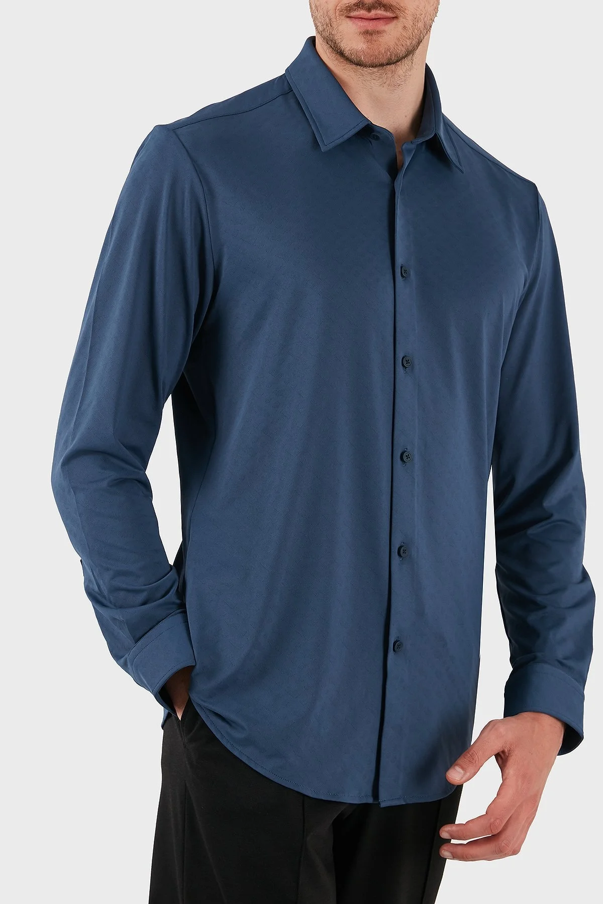Boss Logolu Streç Reagular Fit Düz Yaka Erkek Gömlek 50533570 425 LACİVERT - 5