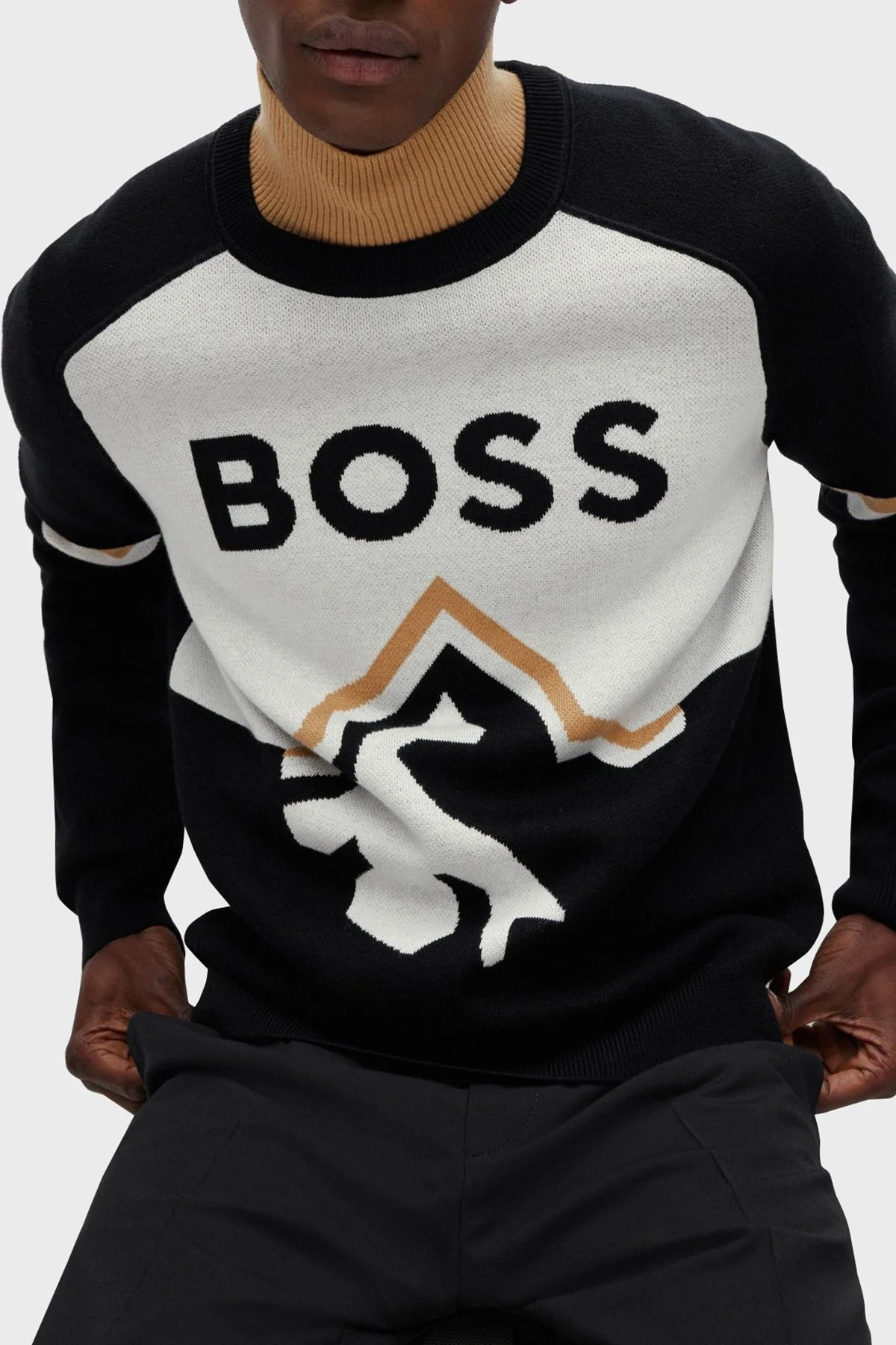 Boss Logolu Yün Karışımlı Bisiklet Yaka Regular Fit Erkek Kazak 50477391 001 SİYAH - 4
