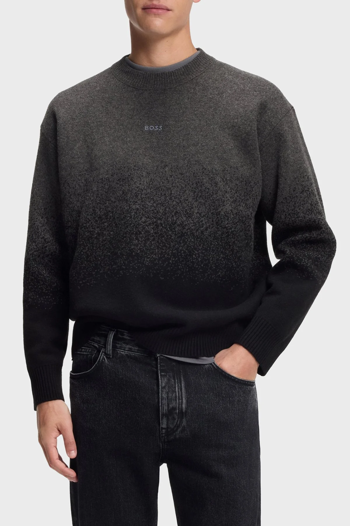 Boss Logolu Yünlü Regular Fit Bisiklet Yaka Erkek Kazak 50548701 001 SİYAH-ANTRASİT - 1