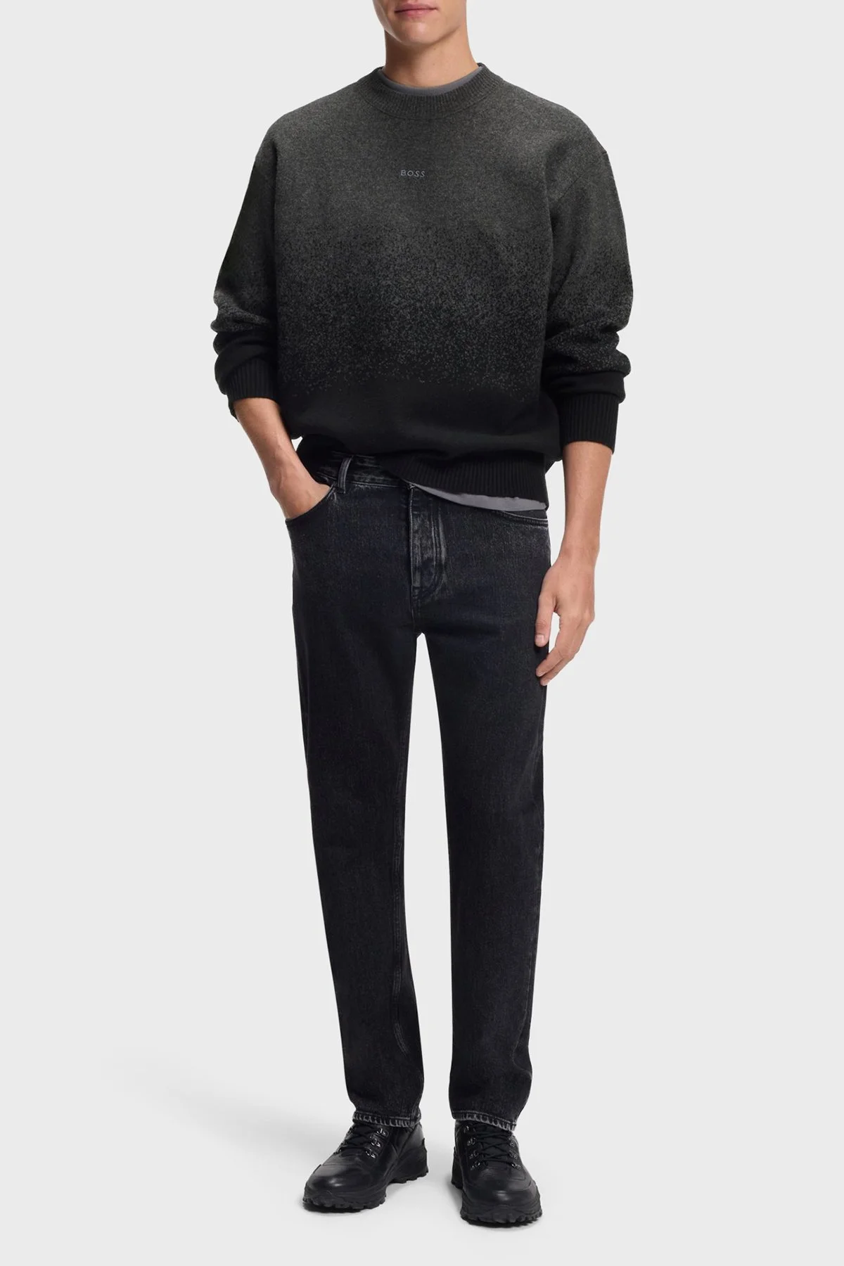 Boss Logolu Yünlü Regular Fit Bisiklet Yaka Erkek Kazak 50548701 001 SİYAH-ANTRASİT - 3