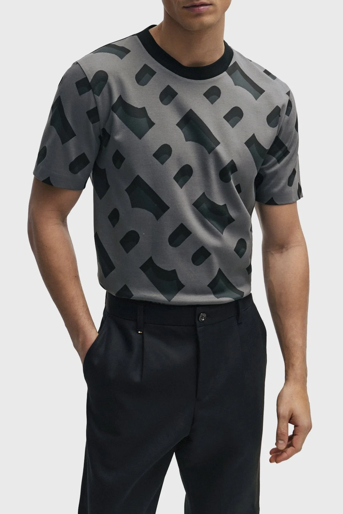 Boss Merserize Streç Pamuklu Regular Fit Monogram Jakarlı Erkek T Shirt 50504100 001 SİYAH - 6