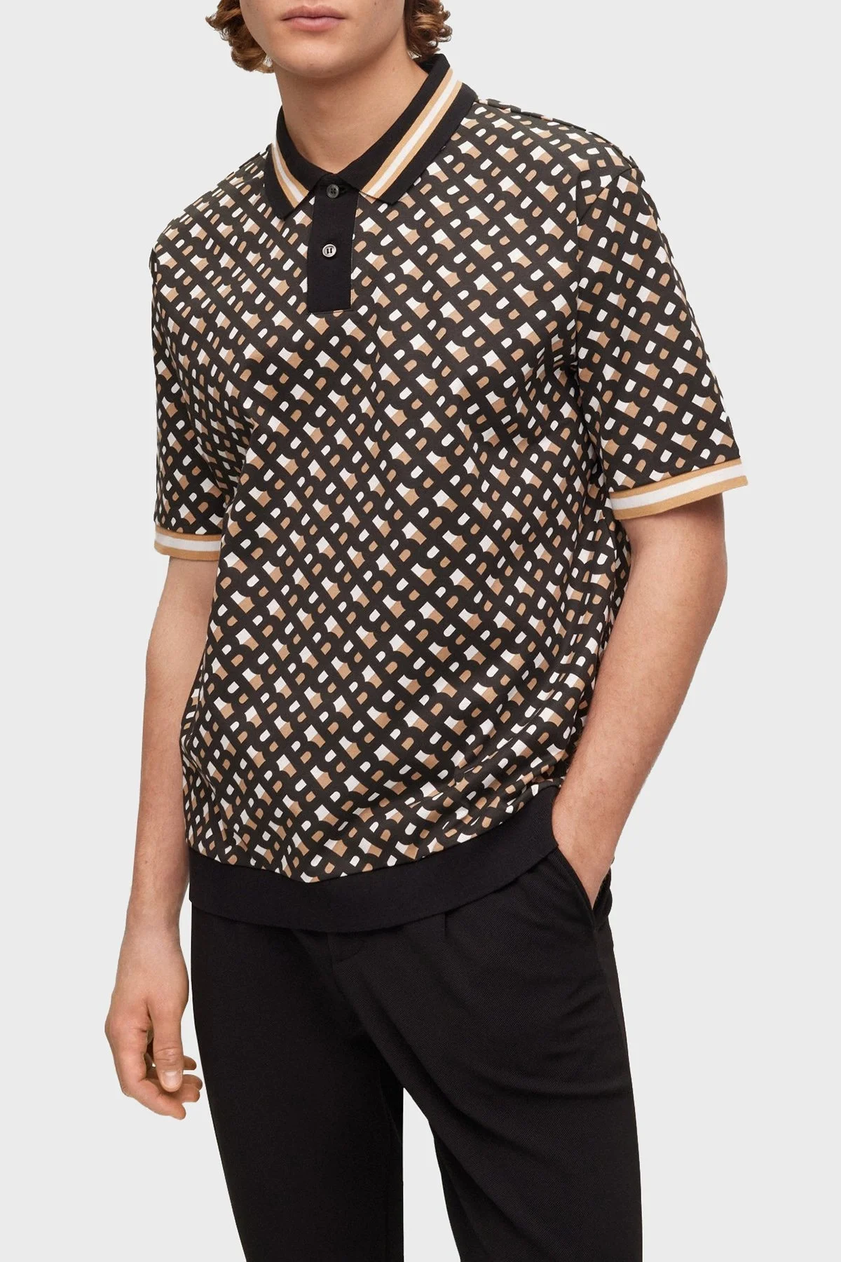 Boss Monogram Baskılı Oversize Merserize Pamuklu Erkek Polo T Shirt 50486168 001 SİYAH - 1