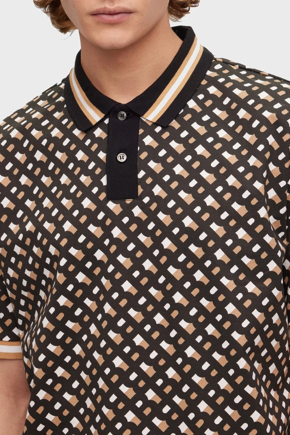 Boss Monogram Baskılı Oversize Merserize Pamuklu Erkek Polo T Shirt 50486168 001 SİYAH - 4