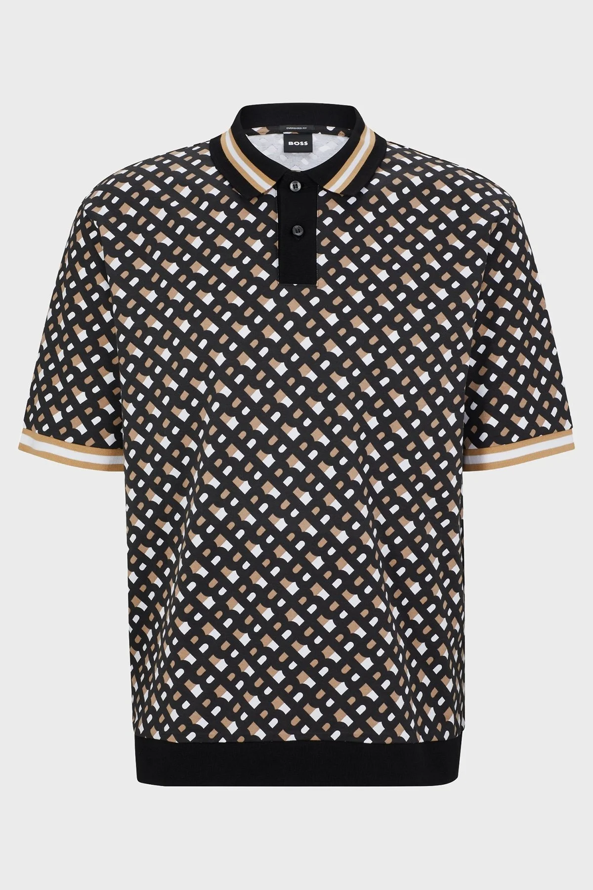 Boss Monogram Baskılı Oversize Merserize Pamuklu Erkek Polo T Shirt 50486168 001 SİYAH - 5