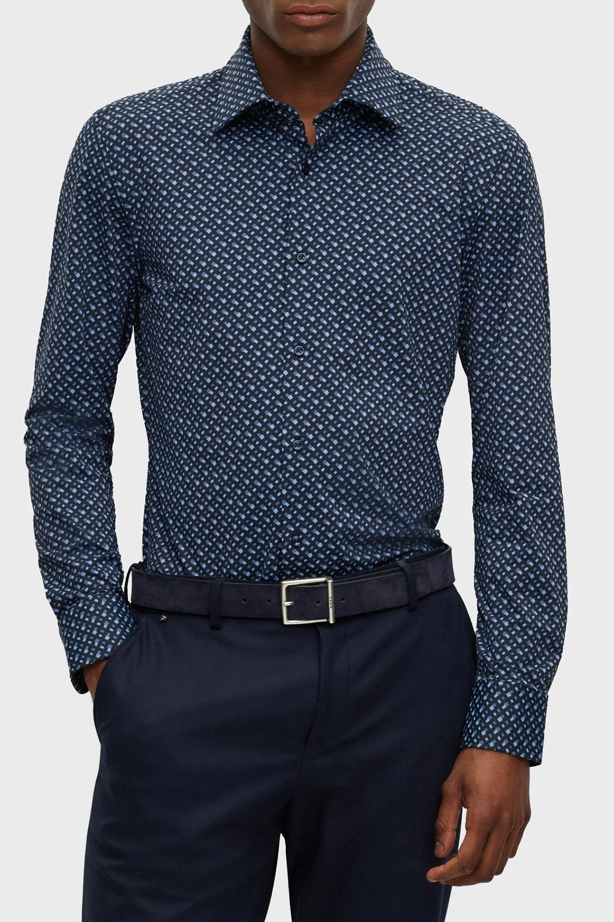 Boss Monogram Baskılı Slim Fit Streç Erkek Gömlek 50496801 475 AÇIK MAVİ - 1
