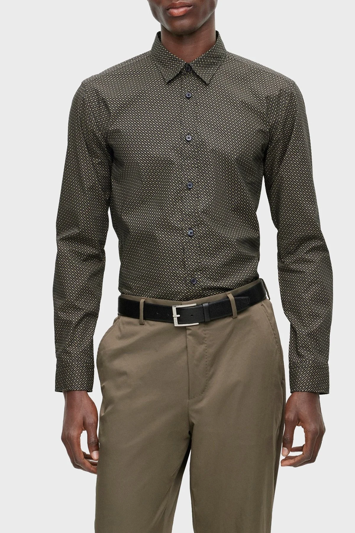 Boss Monogram Baskılı Streç Pamuklu Slim Fit Erkek Gömlek 50497058 337 AÇIK YEŞİL - 1