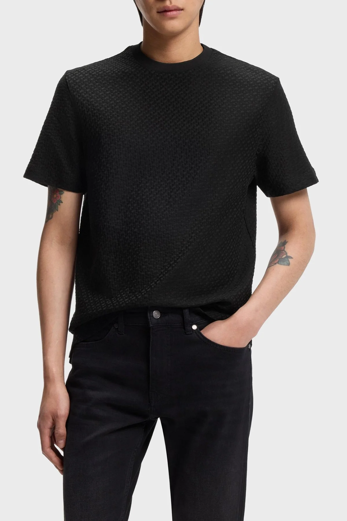 Boss Monogram Jakarlı % 100 Pamuk Regular Fit Bisiklet Yaka Erkek T Shirt 50557395 001 SİYAH - 1