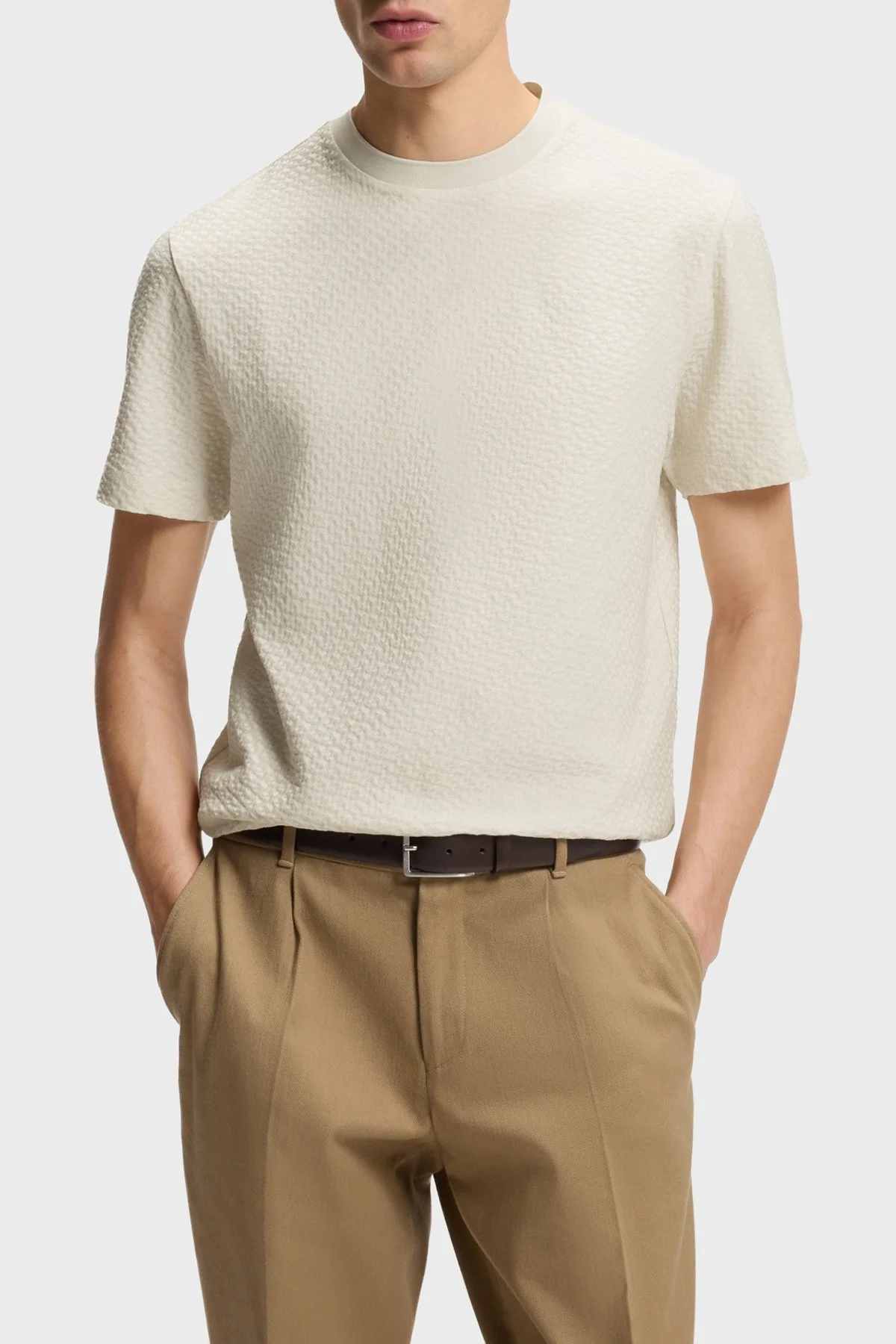 Boss Monogram Jakarlı % 100 Pamuk Regular Fit Bisiklet Yaka Erkek T Shirt 50557395 131 BEJ - 1