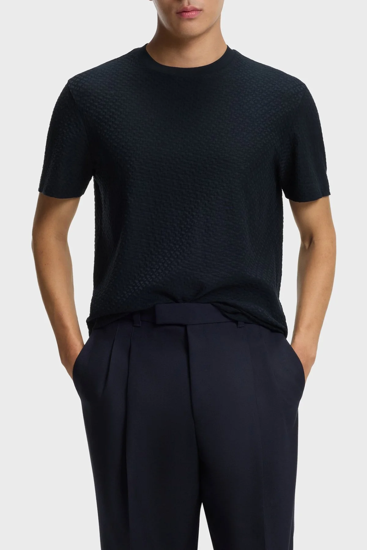 Boss Monogram Jakarlı % 100 Pamuk Regular Fit Bisiklet Yaka Erkek T Shirt 50557395 404 LACİVERT - 1