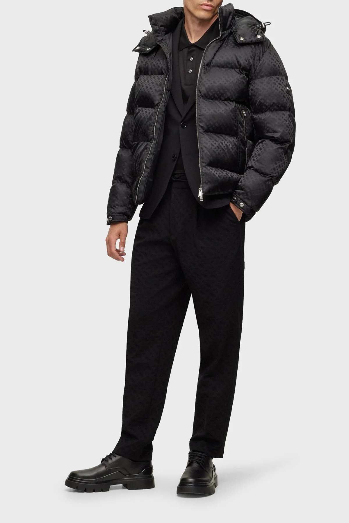 Boss Monogram Jakarlı Çıkarılabilir Kapüşonlu Su İtici Comfort Fit Erkek Mont 50499813 001 SİYAH - 2