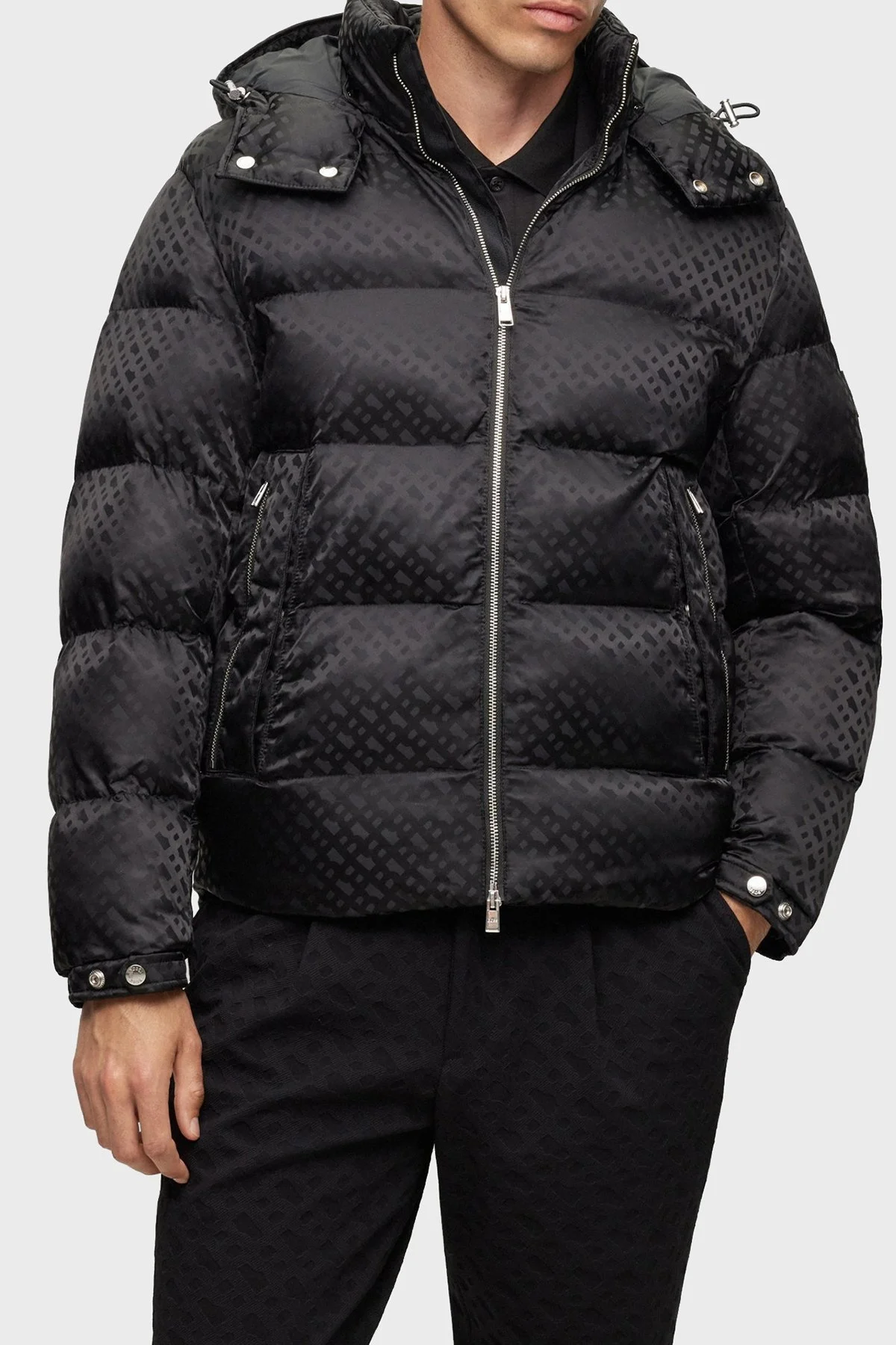 Boss Monogram Jakarlı Çıkarılabilir Kapüşonlu Su İtici Comfort Fit Erkek Mont 50499813 001 SİYAH - 7