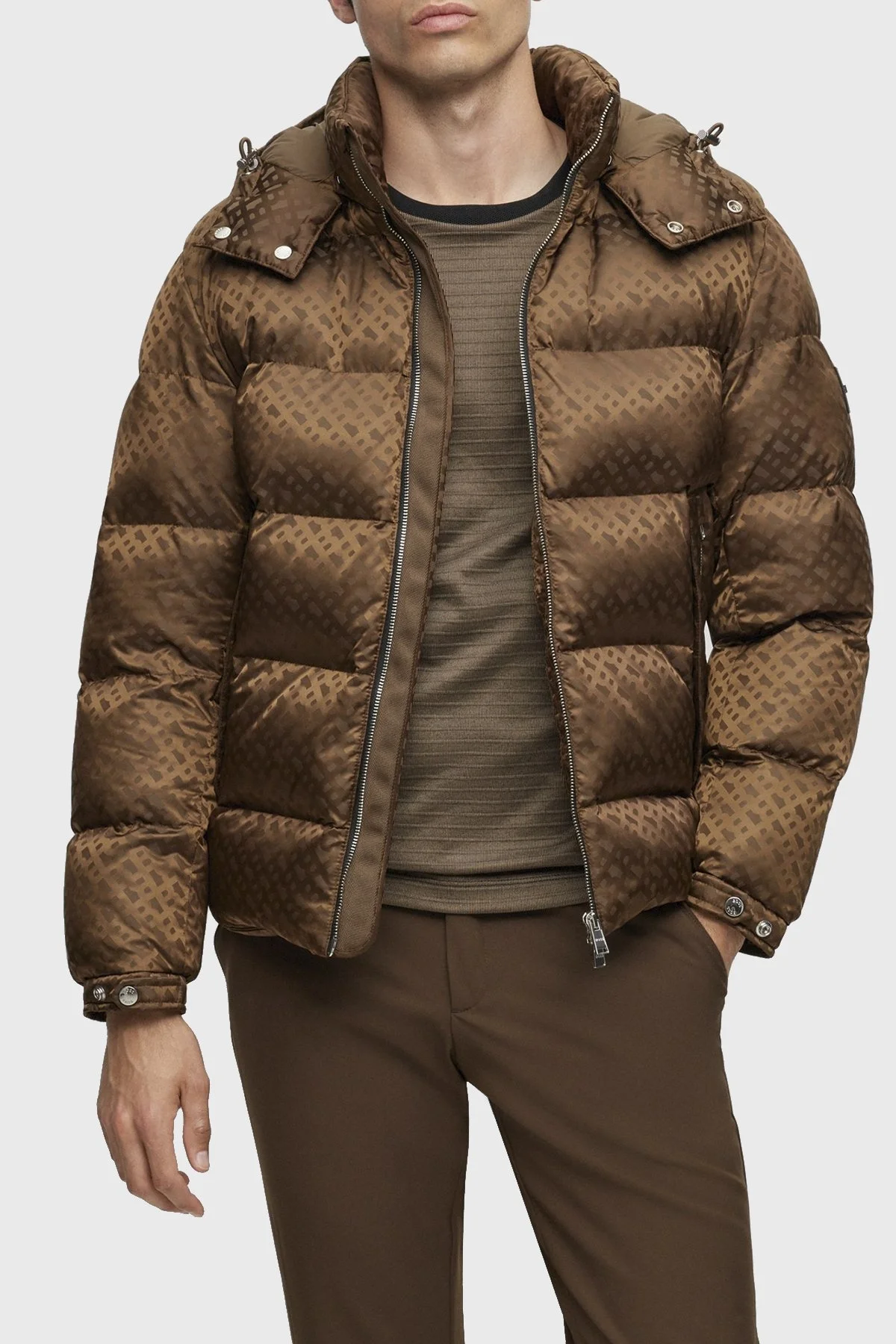 Boss Monogram Jakarlı Çıkarılabilir Kapüşonlu Su İtici Comfort Fit Erkek Mont 50499813 361 KAHVE - 1