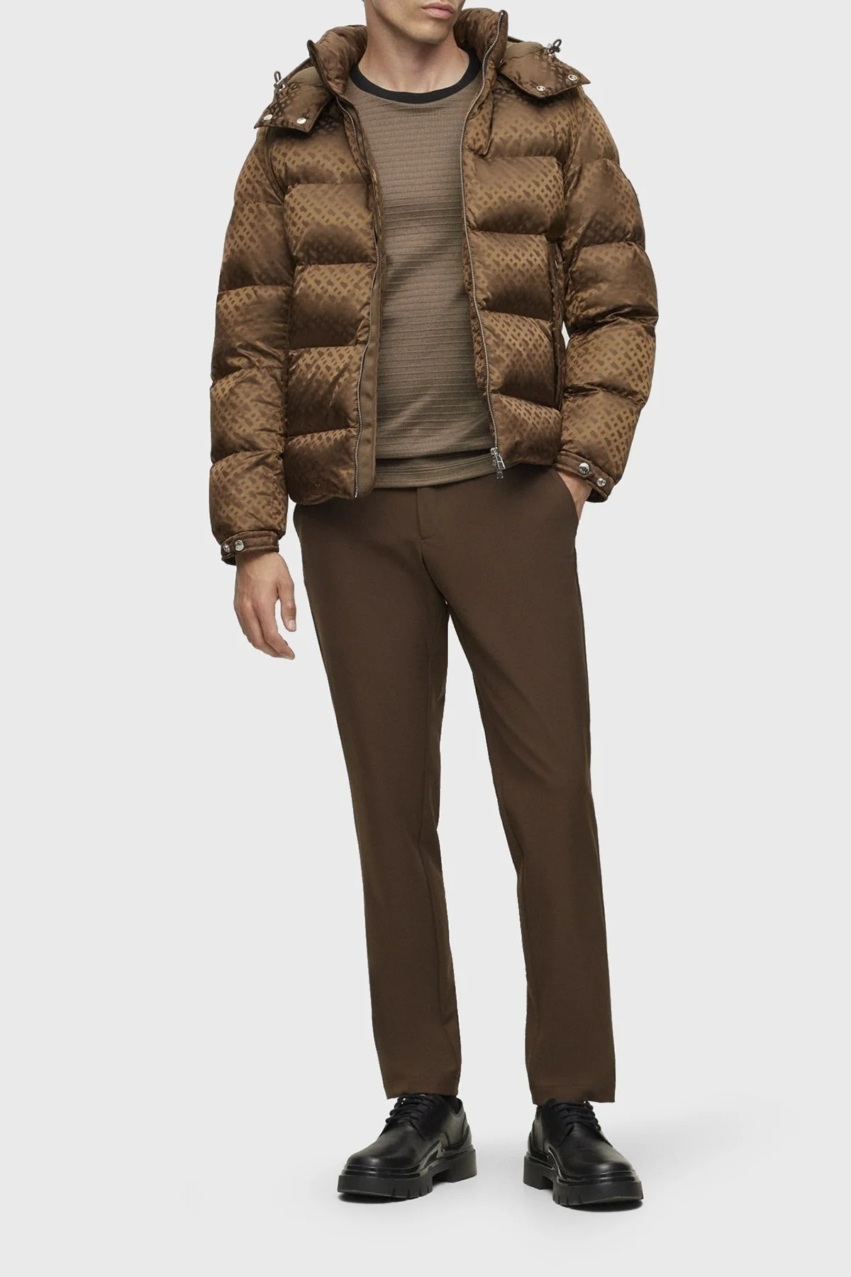 Boss Monogram Jakarlı Çıkarılabilir Kapüşonlu Su İtici Comfort Fit Erkek Mont 50499813 361 KAHVE - 4