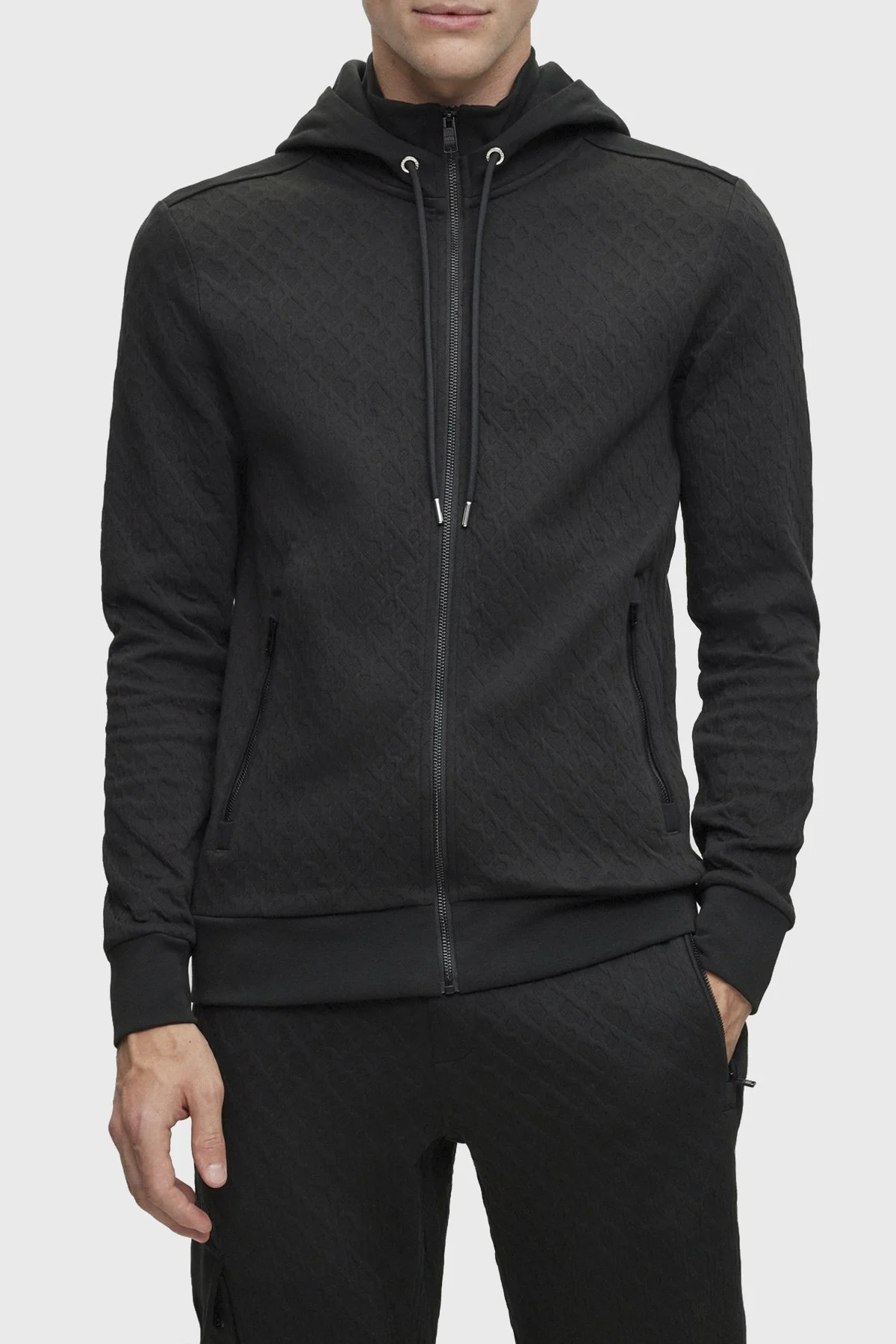 Boss Monogram Jakarlı Pamuklu Fermuarlı Kapüşonlu Regular Fit Erkek Sweat 50498861 001 SİYAH - 7