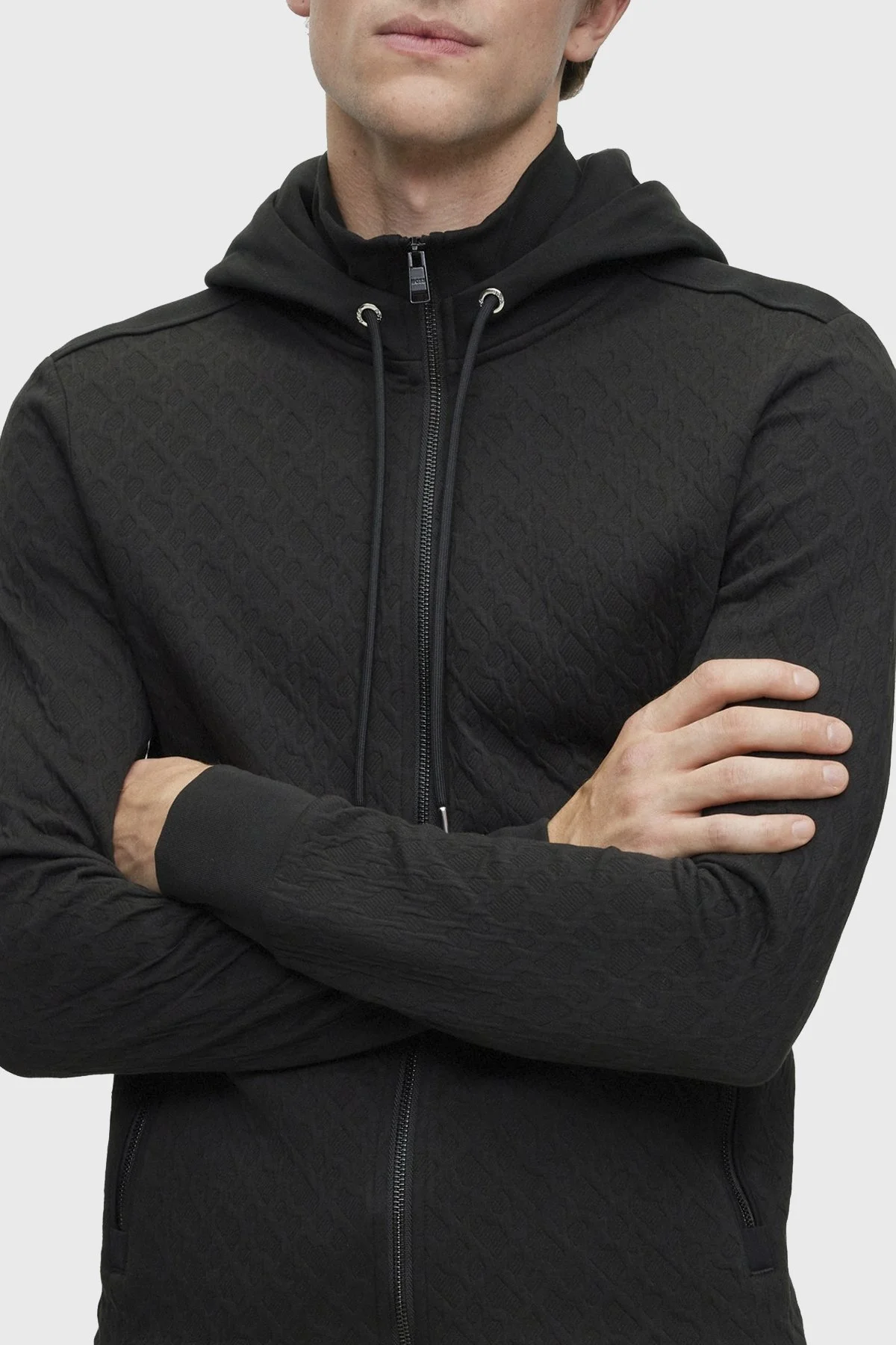 Boss Monogram Jakarlı Pamuklu Fermuarlı Kapüşonlu Regular Fit Erkek Sweat 50498861 001 SİYAH - 9