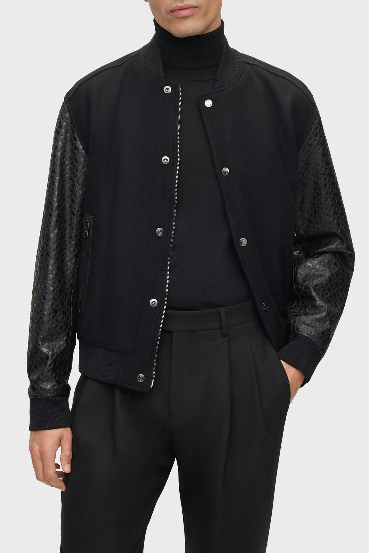 Boss Monogram Kabartmalı Yün Karışımlı Kolları Deri Regular Fit Erkek Ceket 50499589 001 SİYAH - 1