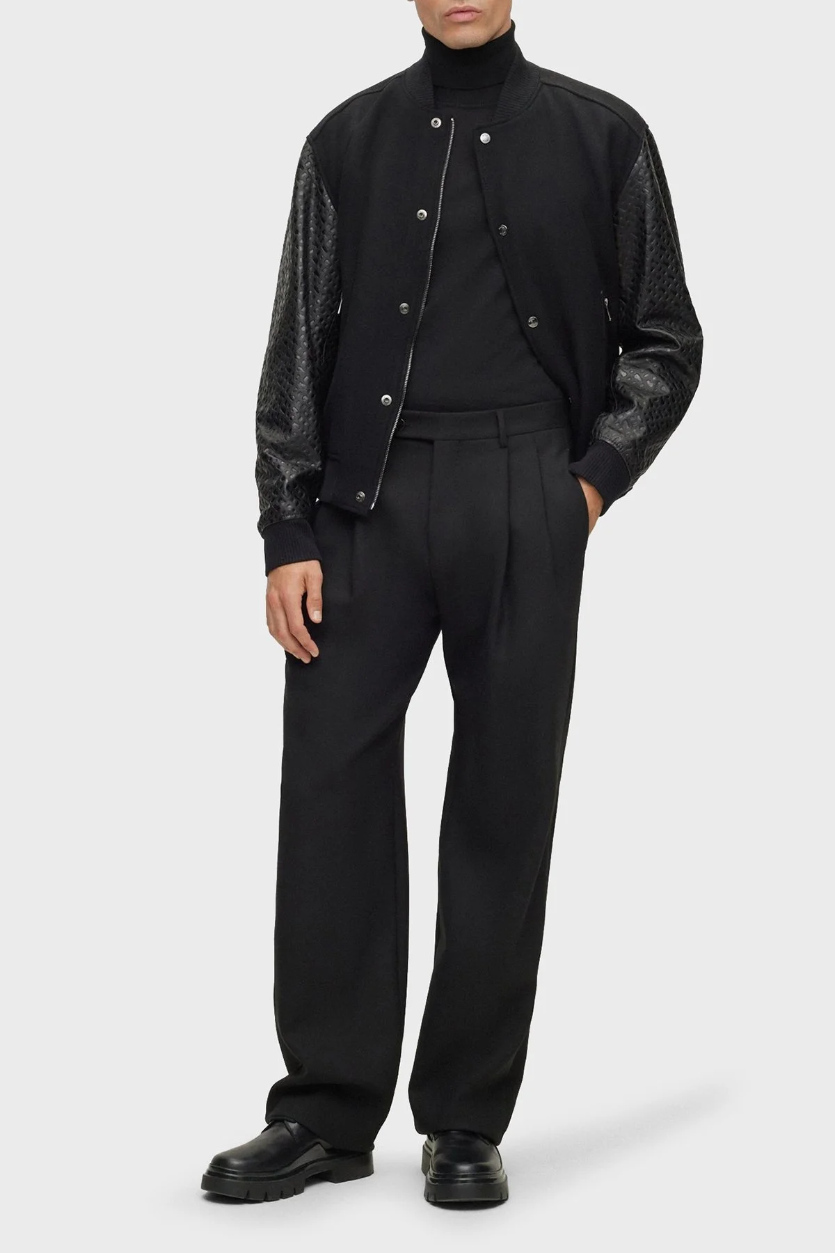 Boss Monogram Kabartmalı Yün Karışımlı Kolları Deri Regular Fit Erkek Ceket 50499589 001 SİYAH - 3