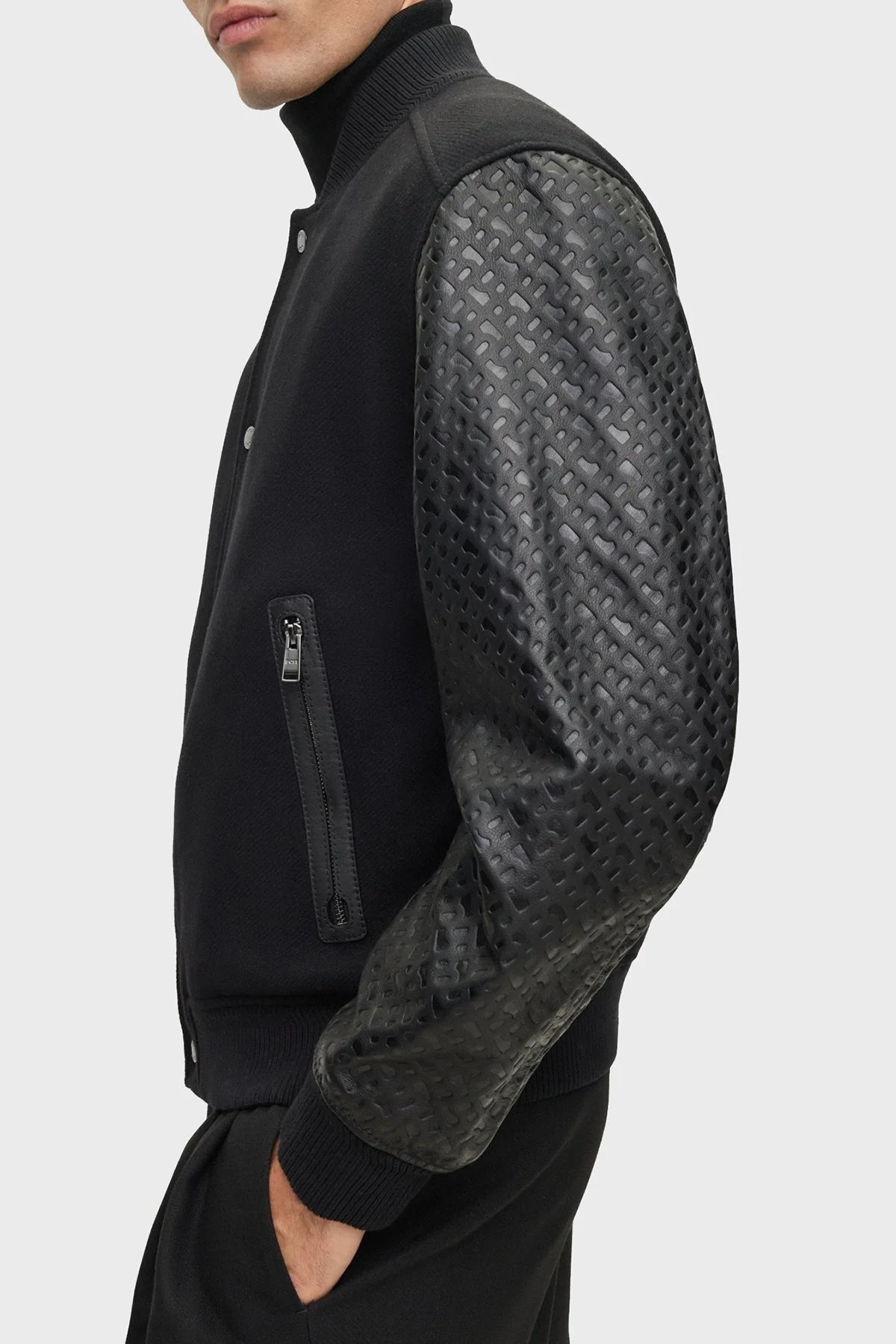 Boss Monogram Kabartmalı Yün Karışımlı Kolları Deri Regular Fit Erkek Ceket 50499589 001 SİYAH - 4