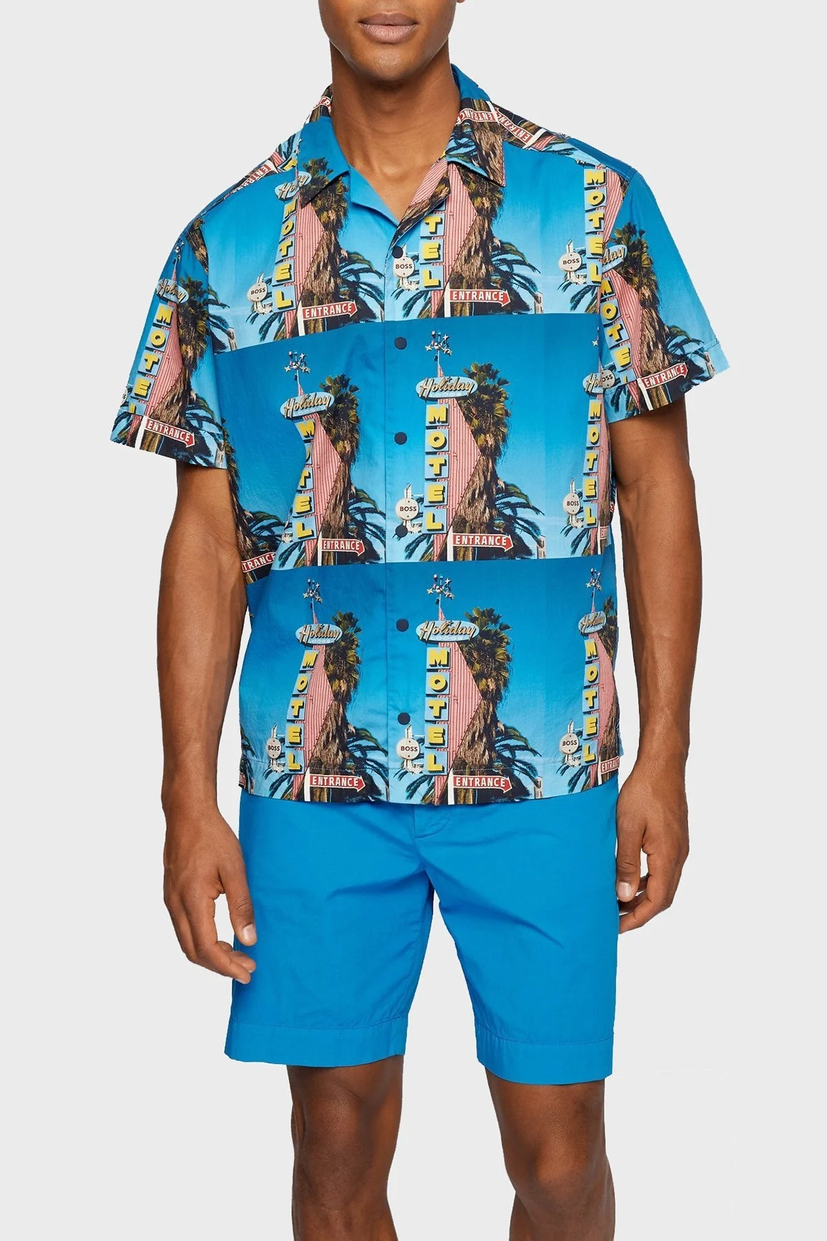 Boss Motel Baskılı Pamuklu Relaxed Fit Kısa Kollu Erkek Gömlek 50467574 439 İNDİGO - 7