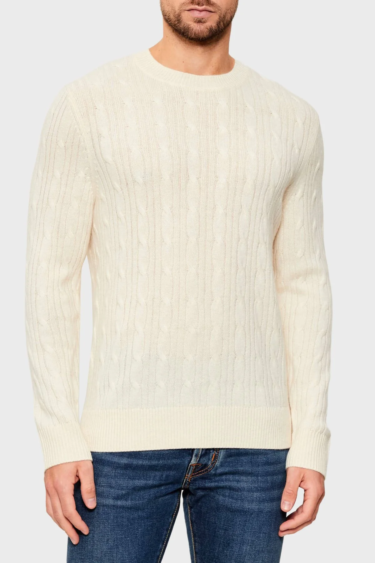 Boss Örgülü Yün ve Kaşmir Karışımlı Regular Fit Bisiklet Yaka Erkek Kazak 50549975 131 EKRU - 1