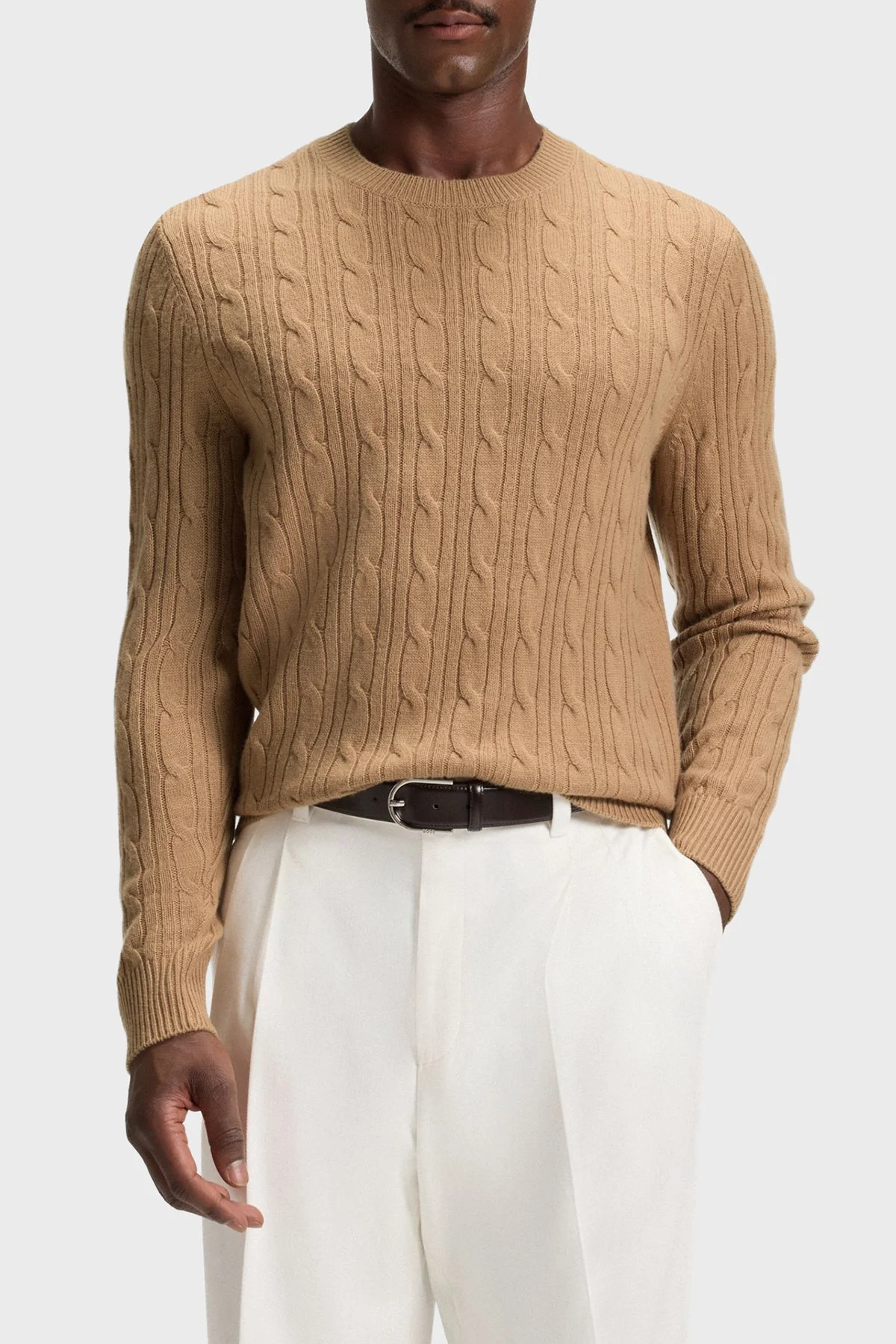 Boss Örgülü Yün ve Kaşmir Karışımlı Regular Fit Bisiklet Yaka Erkek Kazak 50549975 260 SÜTLÜ KAHVE - 1