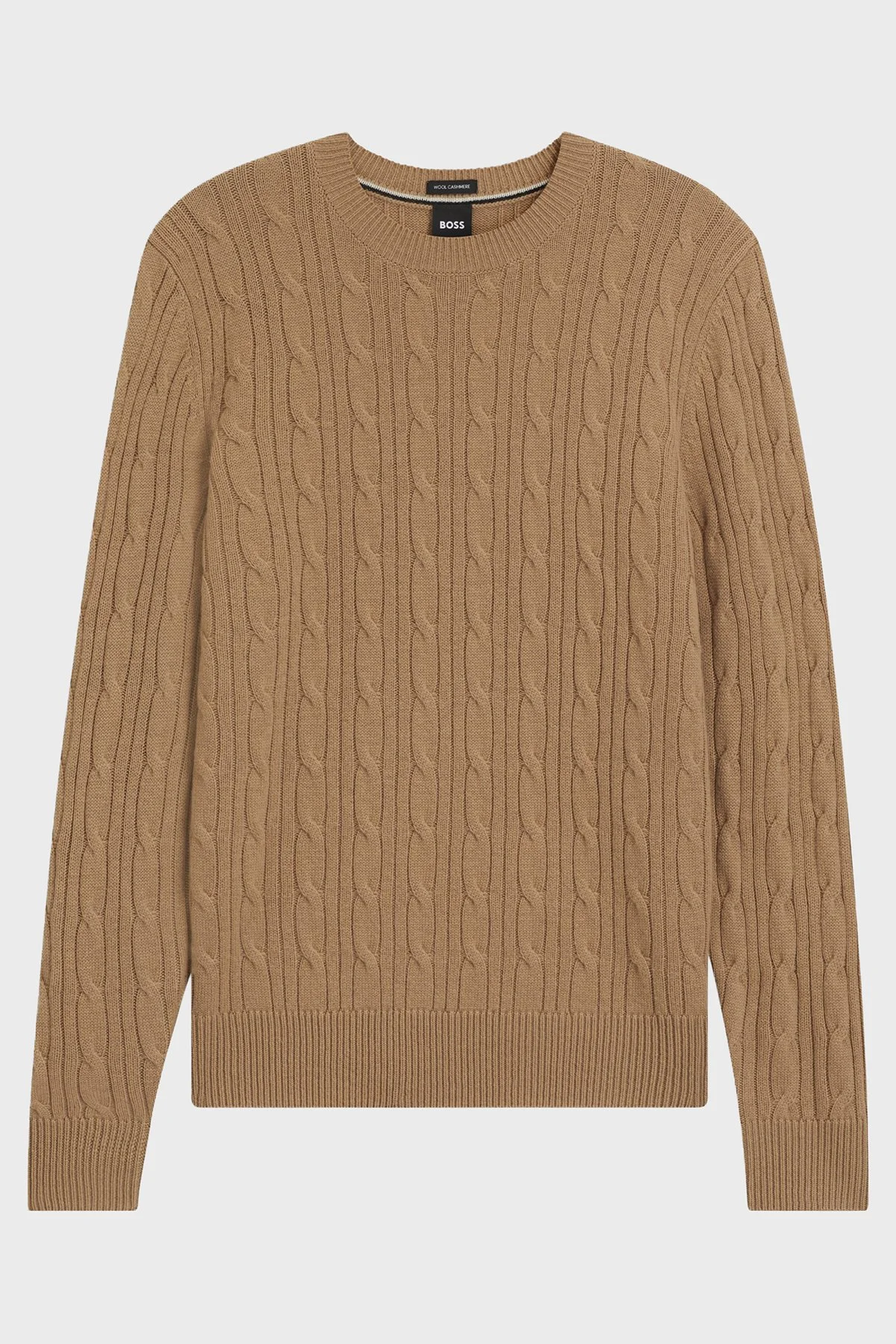 Boss Örgülü Yün ve Kaşmir Karışımlı Regular Fit Bisiklet Yaka Erkek Kazak 50549975 260 SÜTLÜ KAHVE - 5