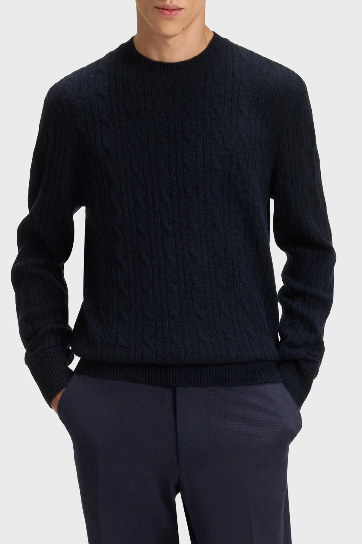 Boss Örgülü Yün ve Kaşmir Karışımlı Regular Fit Bisiklet Yaka Erkek Kazak 50549975 404 LACİVERT - 1