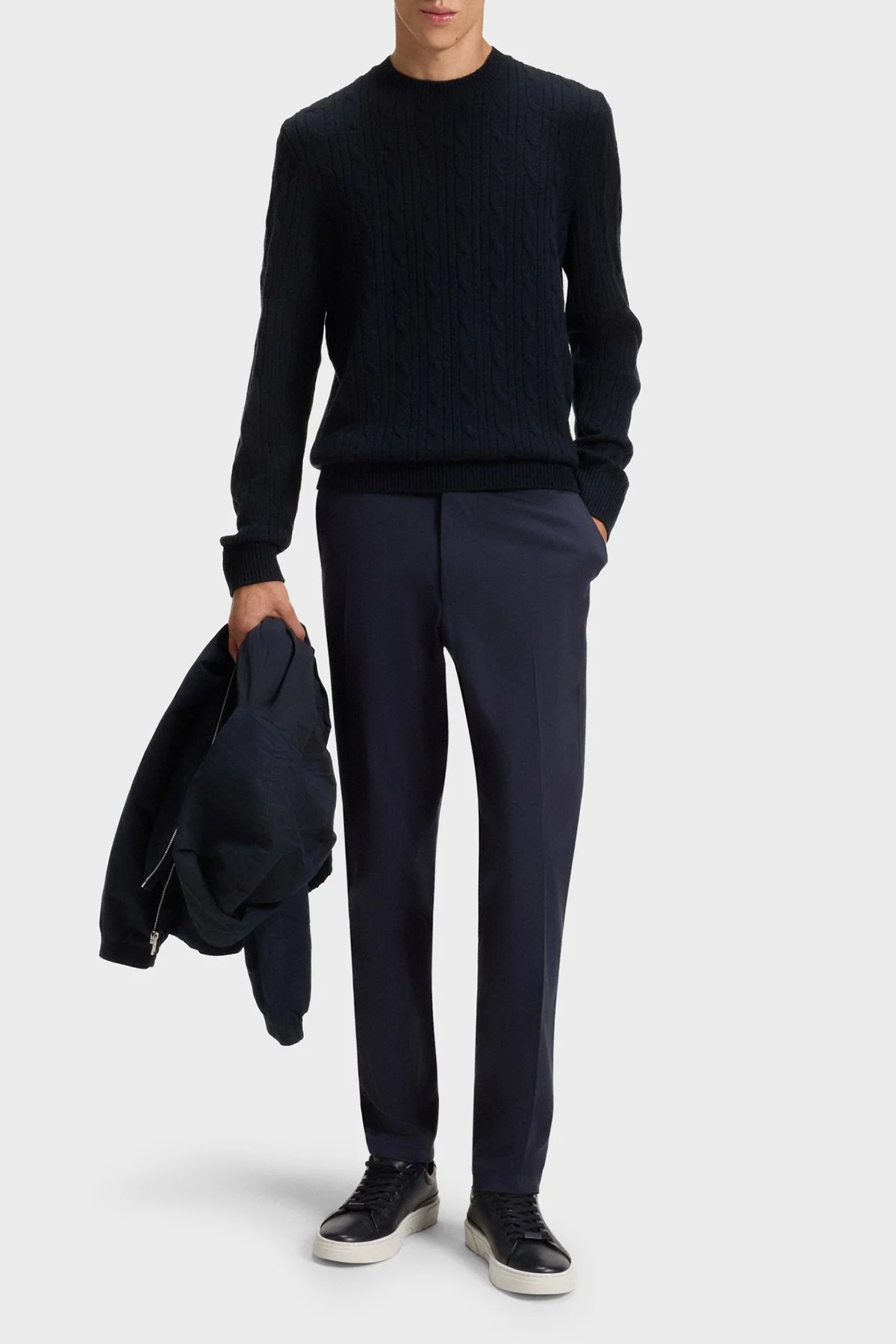 Boss Örgülü Yün ve Kaşmir Karışımlı Regular Fit Bisiklet Yaka Erkek Kazak 50549975 404 LACİVERT - 2