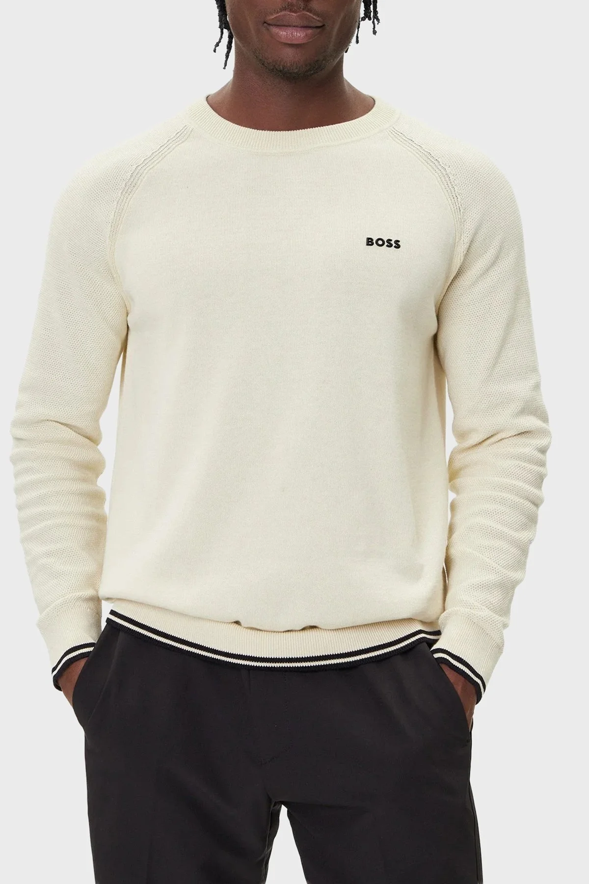 Boss Pamuk Karışımlı Regular Fit Bisiklet Yaka Logolu Erkek Kazak 50541938 131 KREM - 1