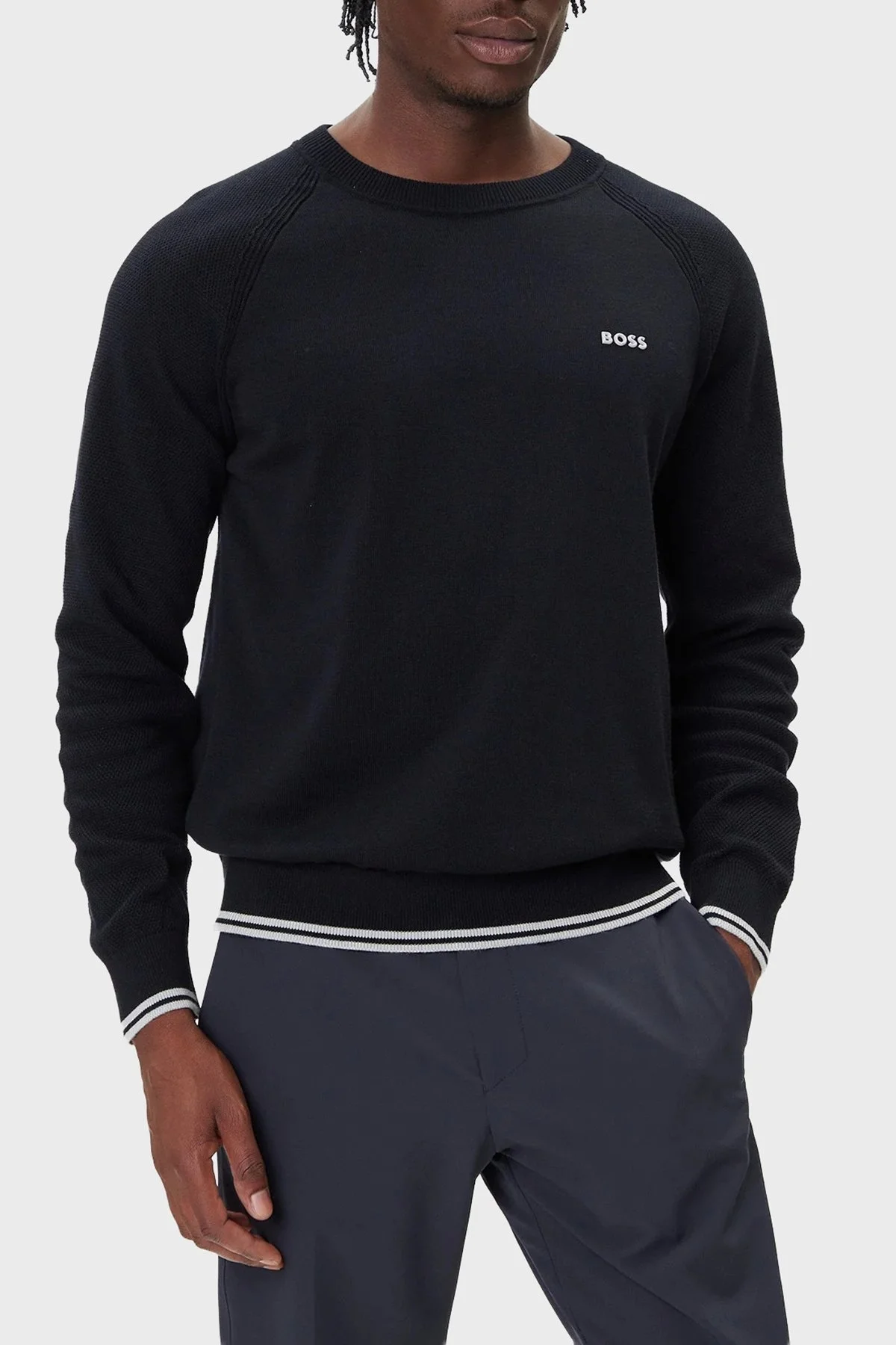 Boss Pamuk Karışımlı Regular Fit Bisiklet Yaka Logolu Erkek Kazak 50541938 402 LACİVERT - 1