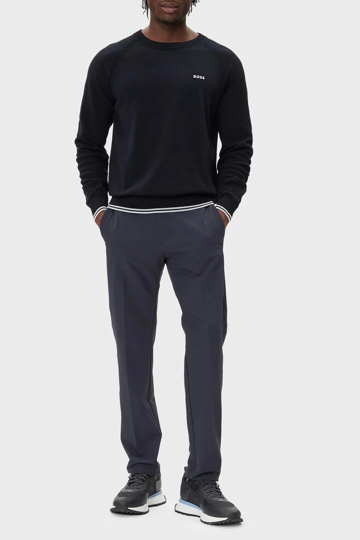 Boss Pamuk Karışımlı Regular Fit Bisiklet Yaka Logolu Erkek Kazak 50541938 402 LACİVERT - 2