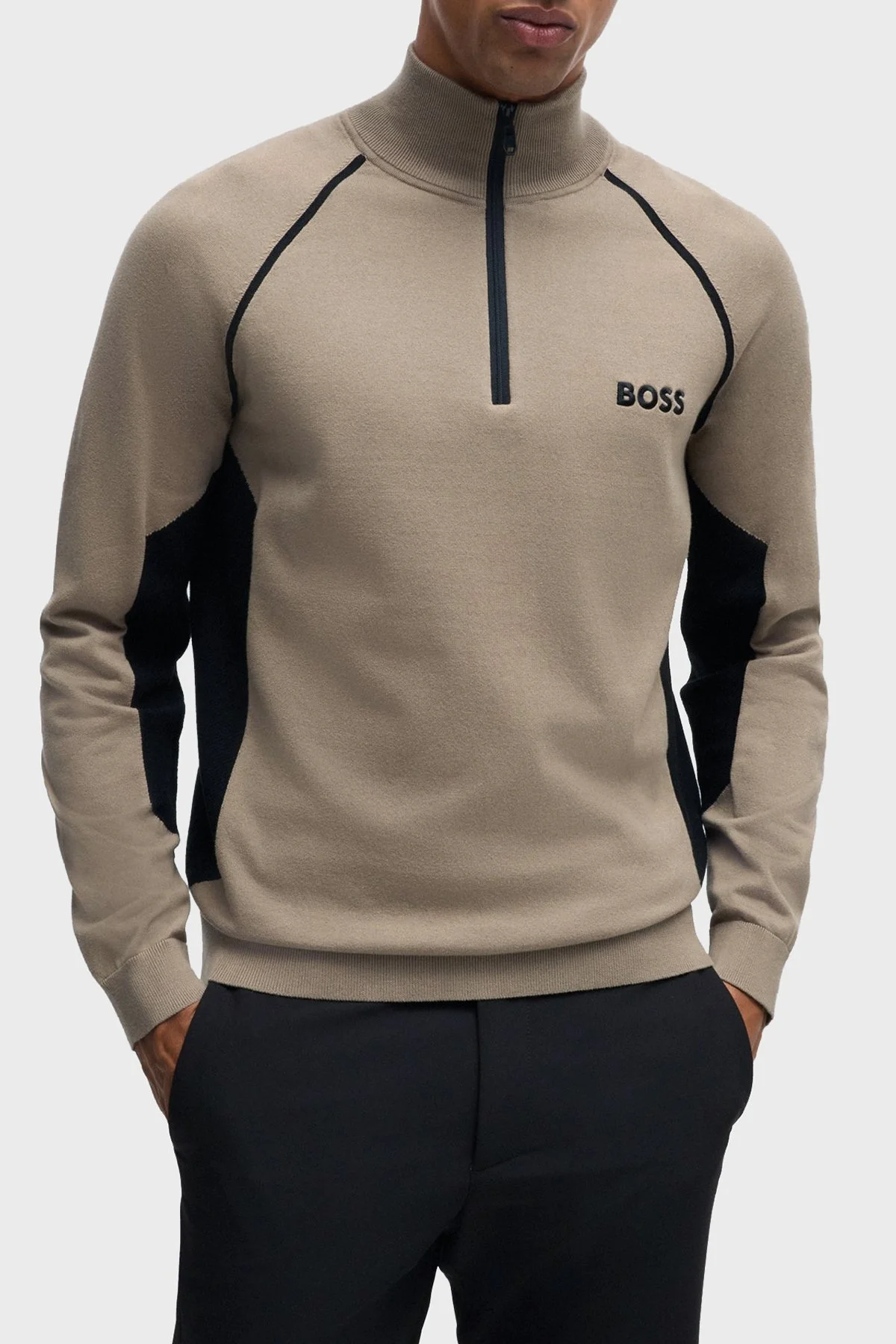 Boss Pamuk Karışımlı Regular Fit Yarım Fermuarlı Dik Yaka Erkek Kazak 50519377 334 KAHVE - 1