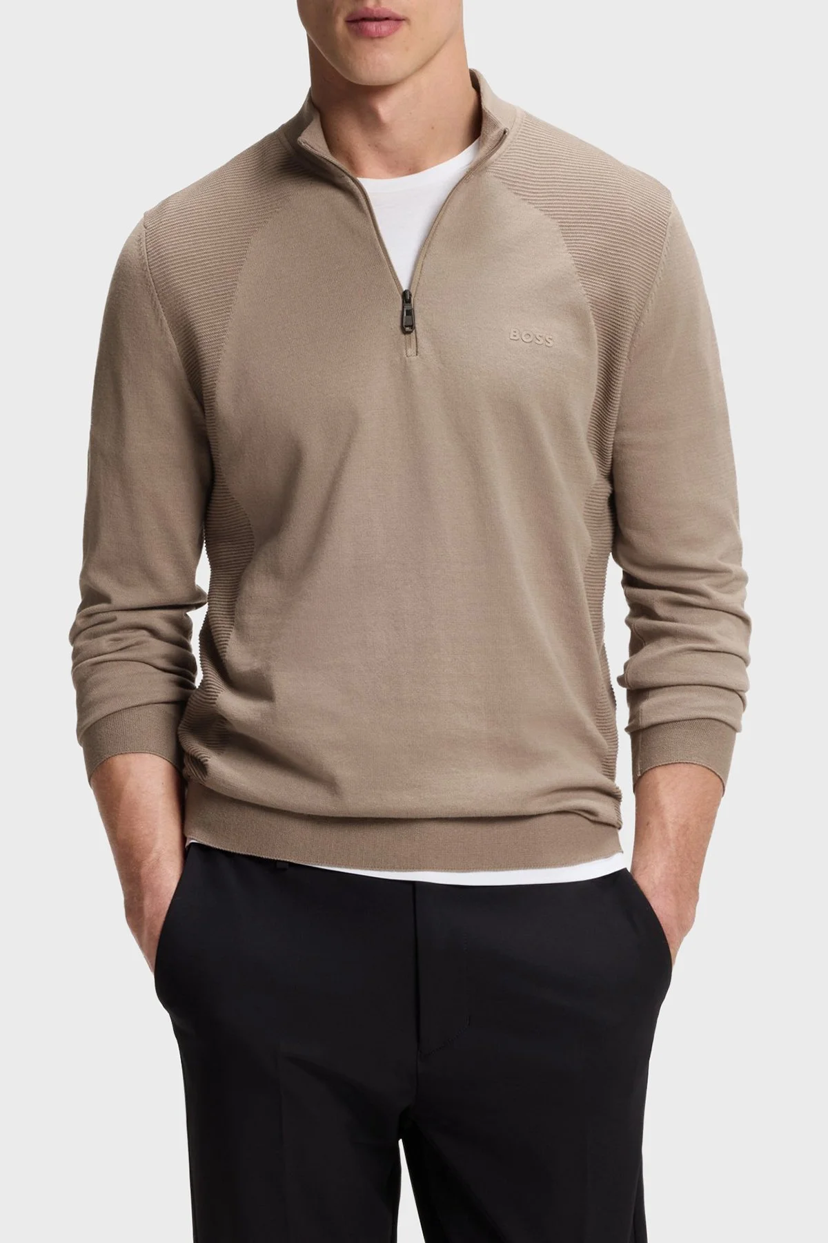 Boss Pamuk Karışımlı Regular Fit Yarım Fermuarlı Dik Yaka Erkek Kazak 50558352 334 Bej - 1