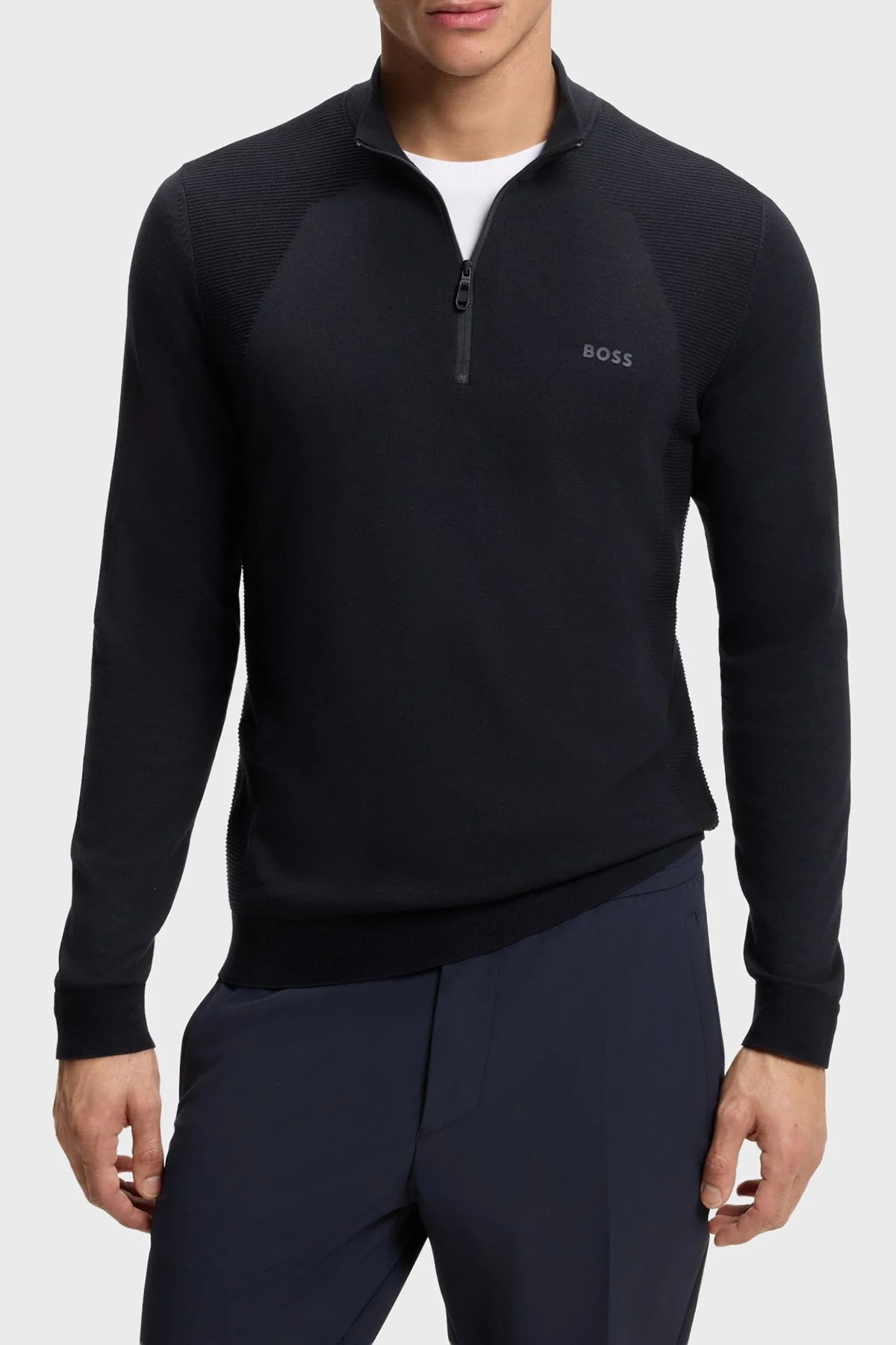 Boss Pamuk Karışımlı Regular Fit Yarım Fermuarlı Dik Yaka Erkek Kazak 50558352 402 Lacivert - 1