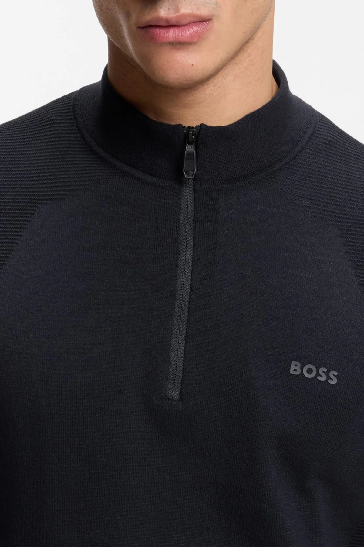 Boss Pamuk Karışımlı Regular Fit Yarım Fermuarlı Dik Yaka Erkek Kazak 50558352 402 Lacivert - 4