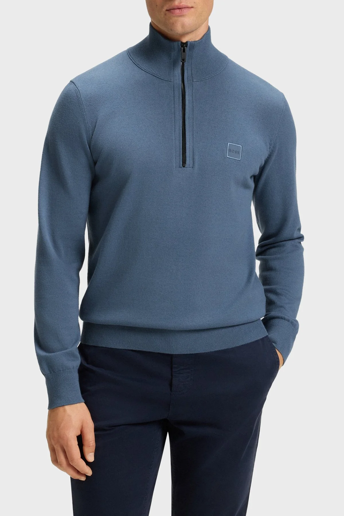 Boss Pamuk ve Kaşmir Karışımlı Regular Fit Yarım Fermuarlı Dik Yaka Erkek Kazak 50527585 495 MAVİ - 1