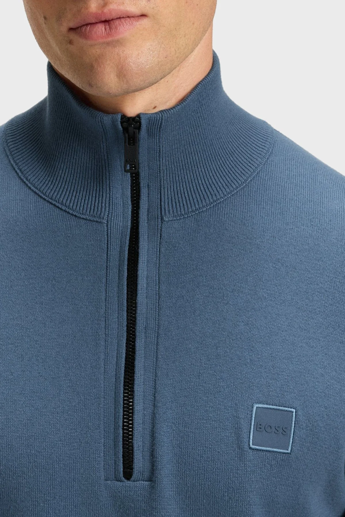 Boss Pamuk ve Kaşmir Karışımlı Regular Fit Yarım Fermuarlı Dik Yaka Erkek Kazak 50527585 495 MAVİ - 4