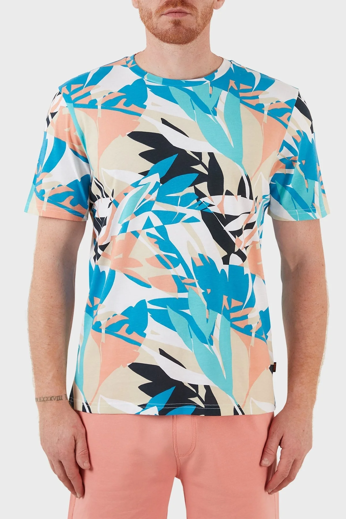 Boss Pamuklu Desenli Regular Fit Bisiklet Yaka Erkek T Shirt 50466775 439 MAVİ-BEYAZ - 1