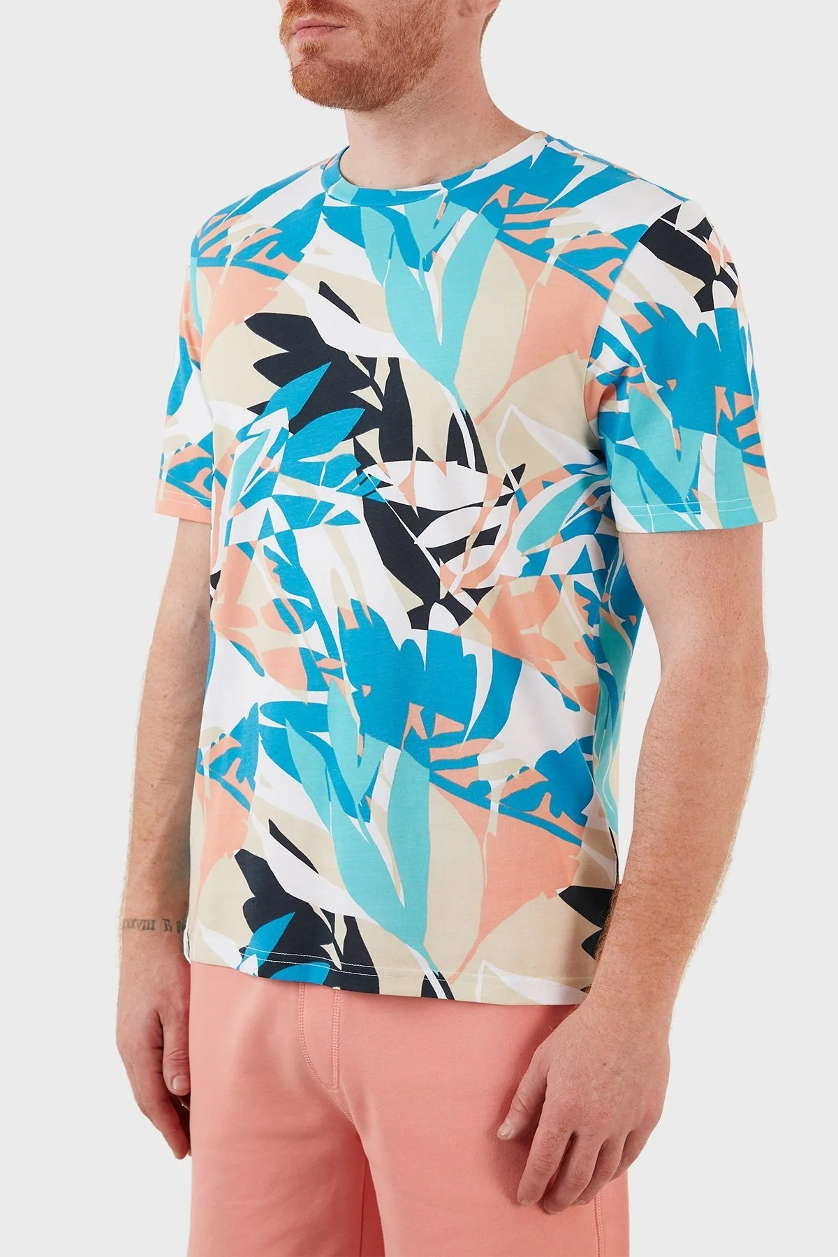 Boss Pamuklu Desenli Regular Fit Bisiklet Yaka Erkek T Shirt 50466775 439 MAVİ-BEYAZ - 2