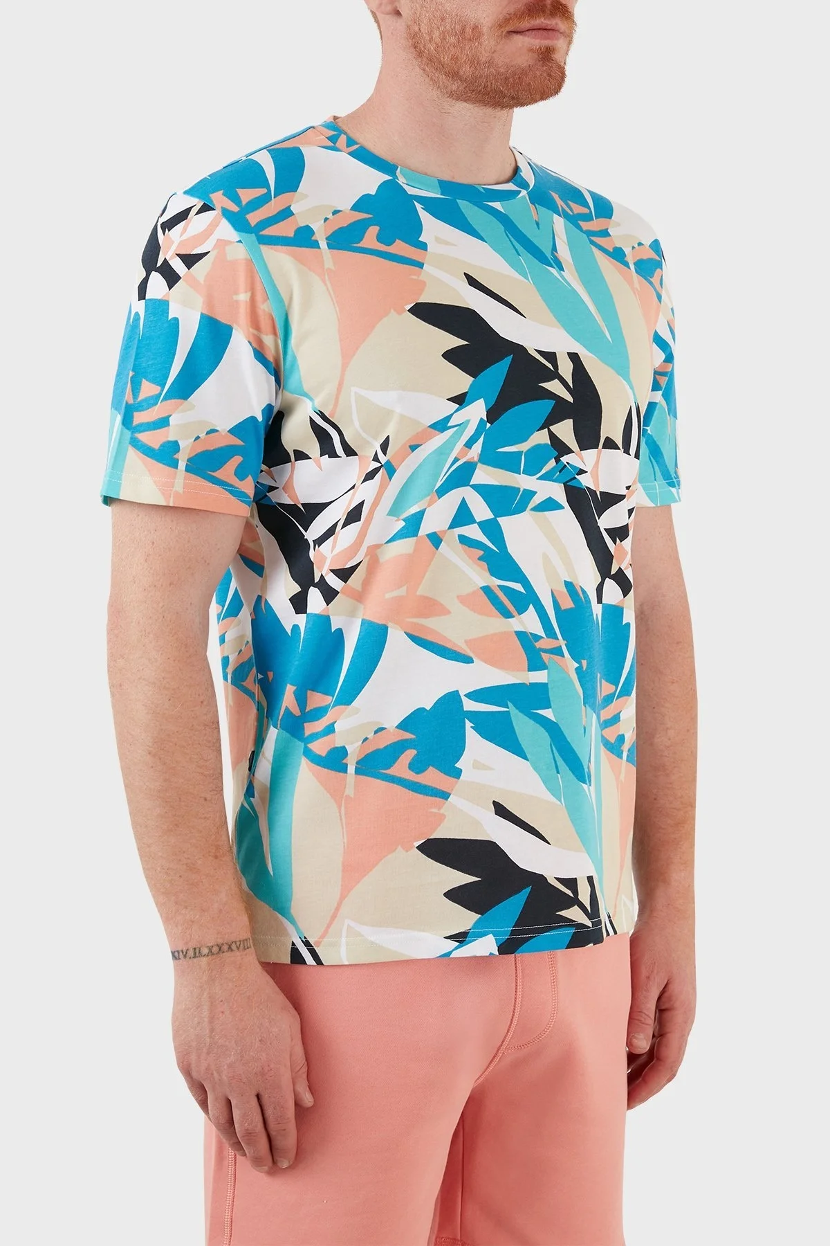 Boss Pamuklu Desenli Regular Fit Bisiklet Yaka Erkek T Shirt 50466775 439 MAVİ-BEYAZ - 3