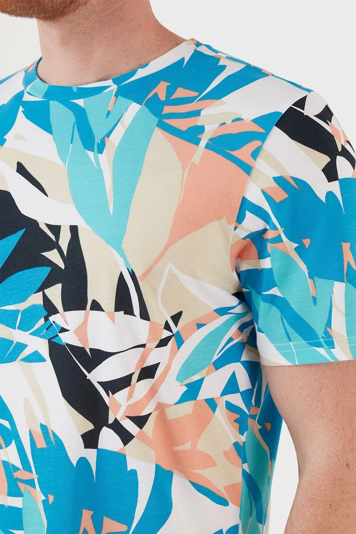 Boss Pamuklu Desenli Regular Fit Bisiklet Yaka Erkek T Shirt 50466775 439 MAVİ-BEYAZ - 4