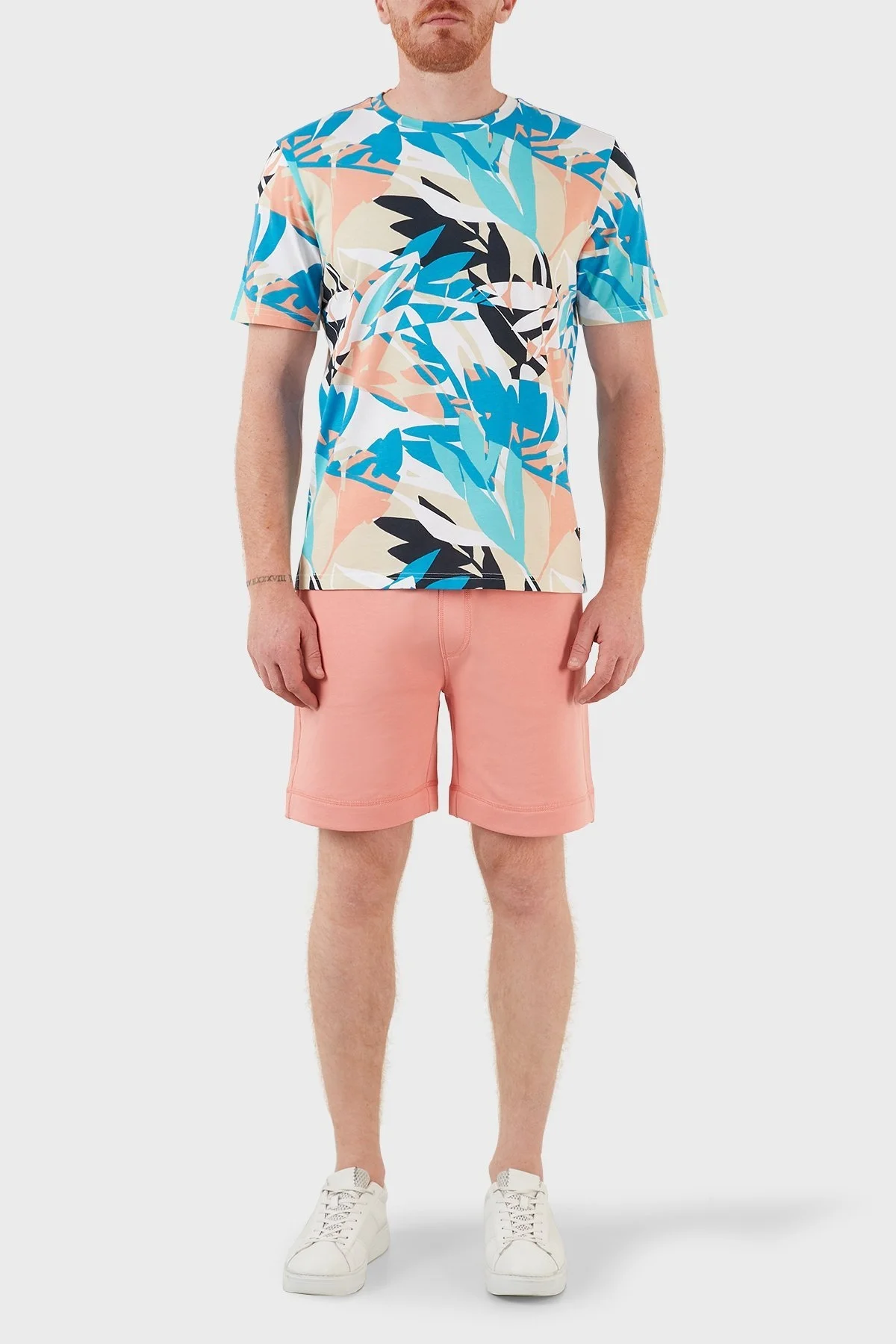 Boss Pamuklu Desenli Regular Fit Bisiklet Yaka Erkek T Shirt 50466775 439 MAVİ-BEYAZ - 5