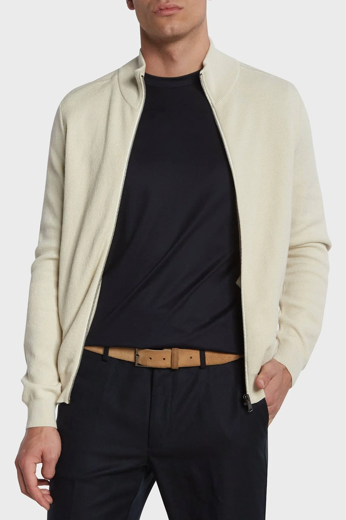 Boss Pamuklu Dik Yaka Regular Fit Fermuarlı Triko Erkek Hırka 50471142 131 BEJ - 1